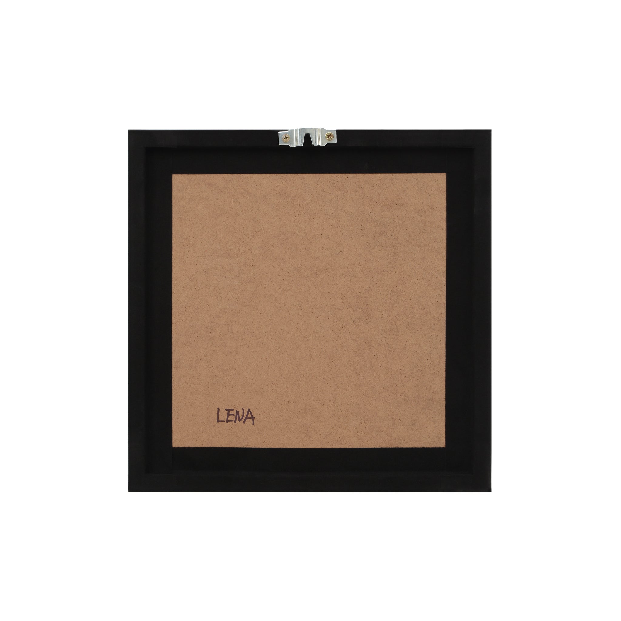 Back view of Madeleine canvas art framed in black with a brown backing.