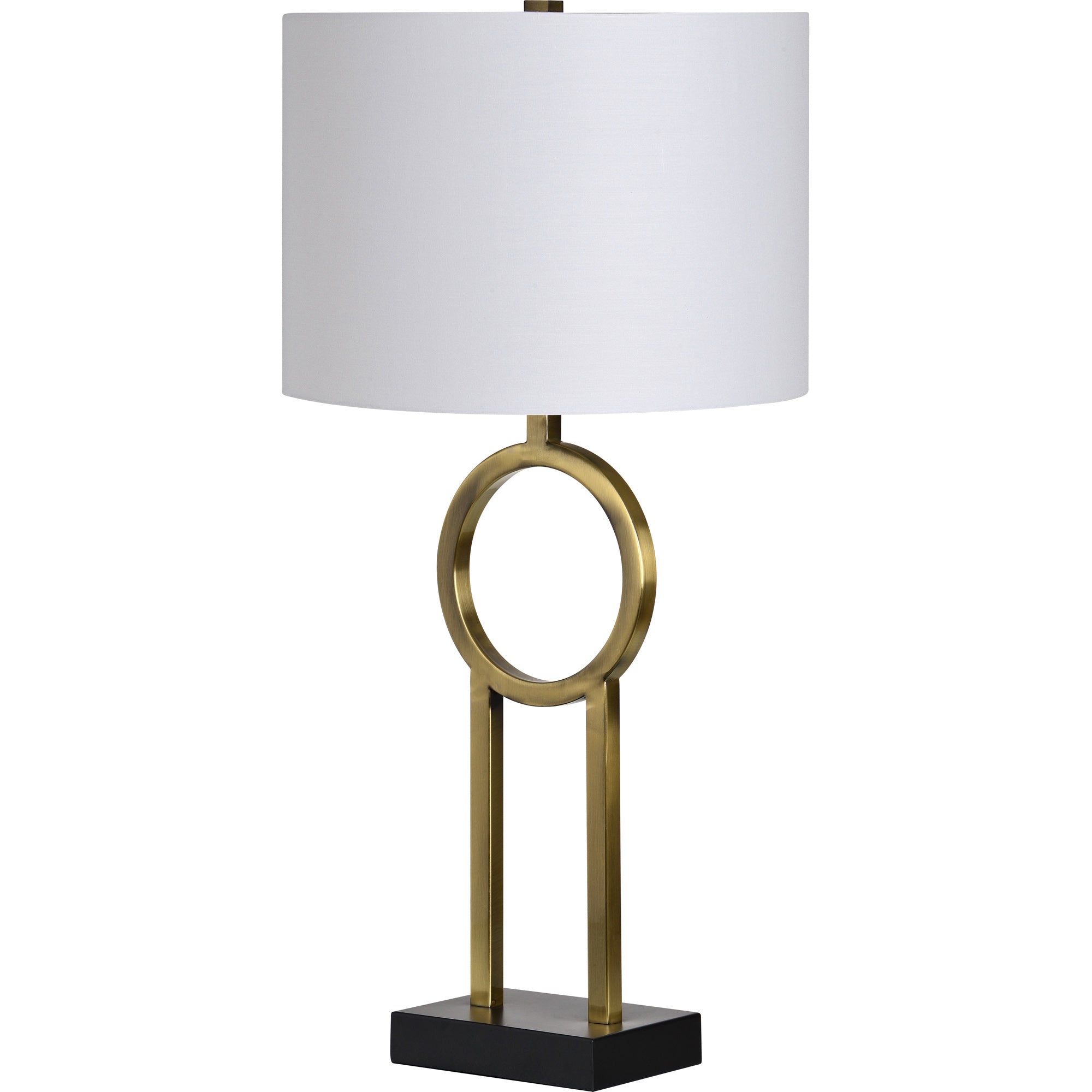 Alloro Table Lamp with a white shade and brass circle accent on a black square base