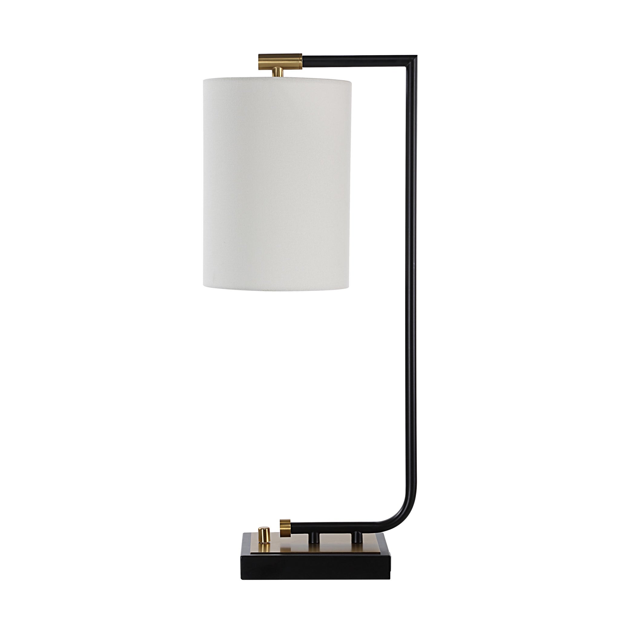 Perlato table lamp showcasing a white shade, black frame, and gold detailing on the base.