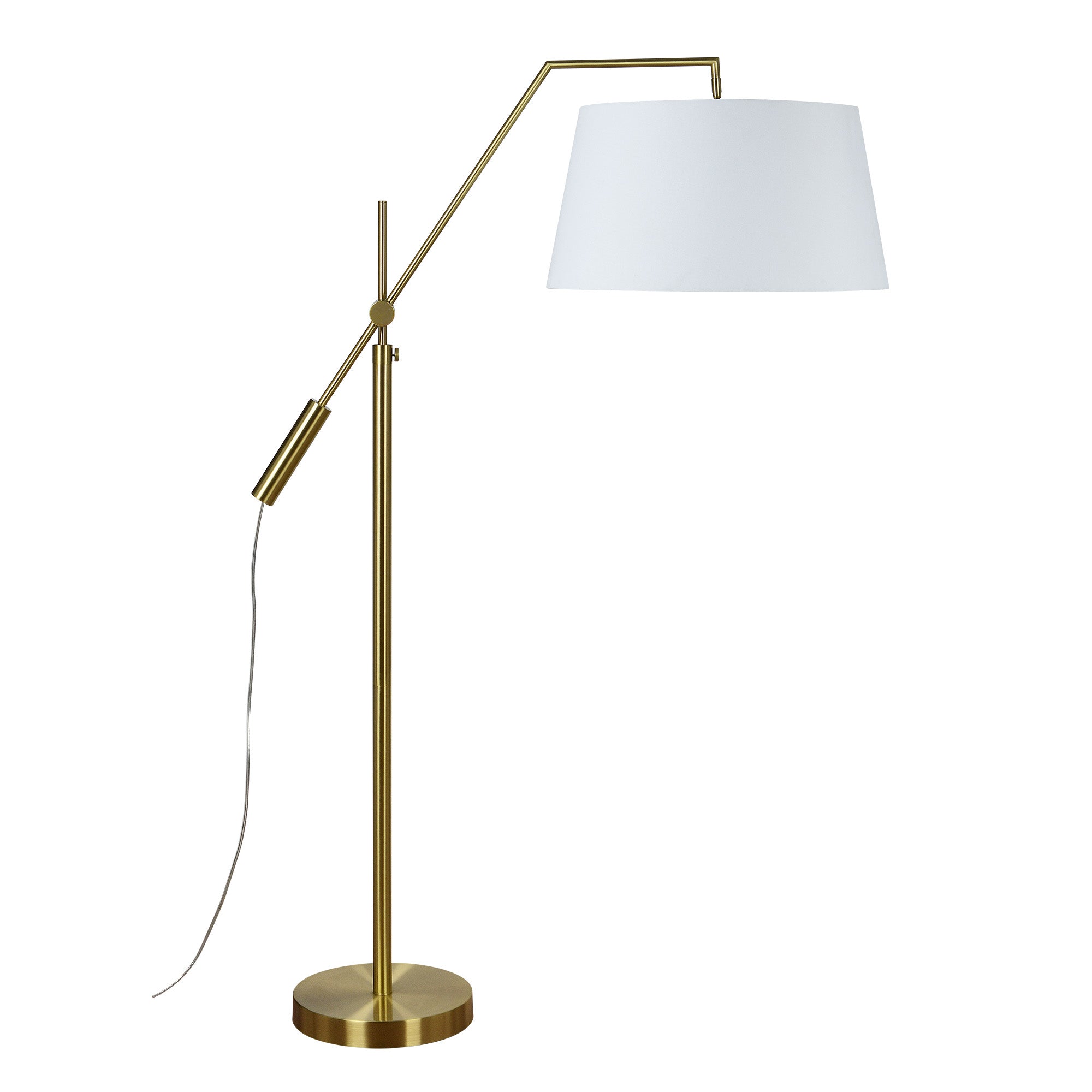 Claire Floor Lamp in brass with a white fabric shade, featuring an adjustable arm.