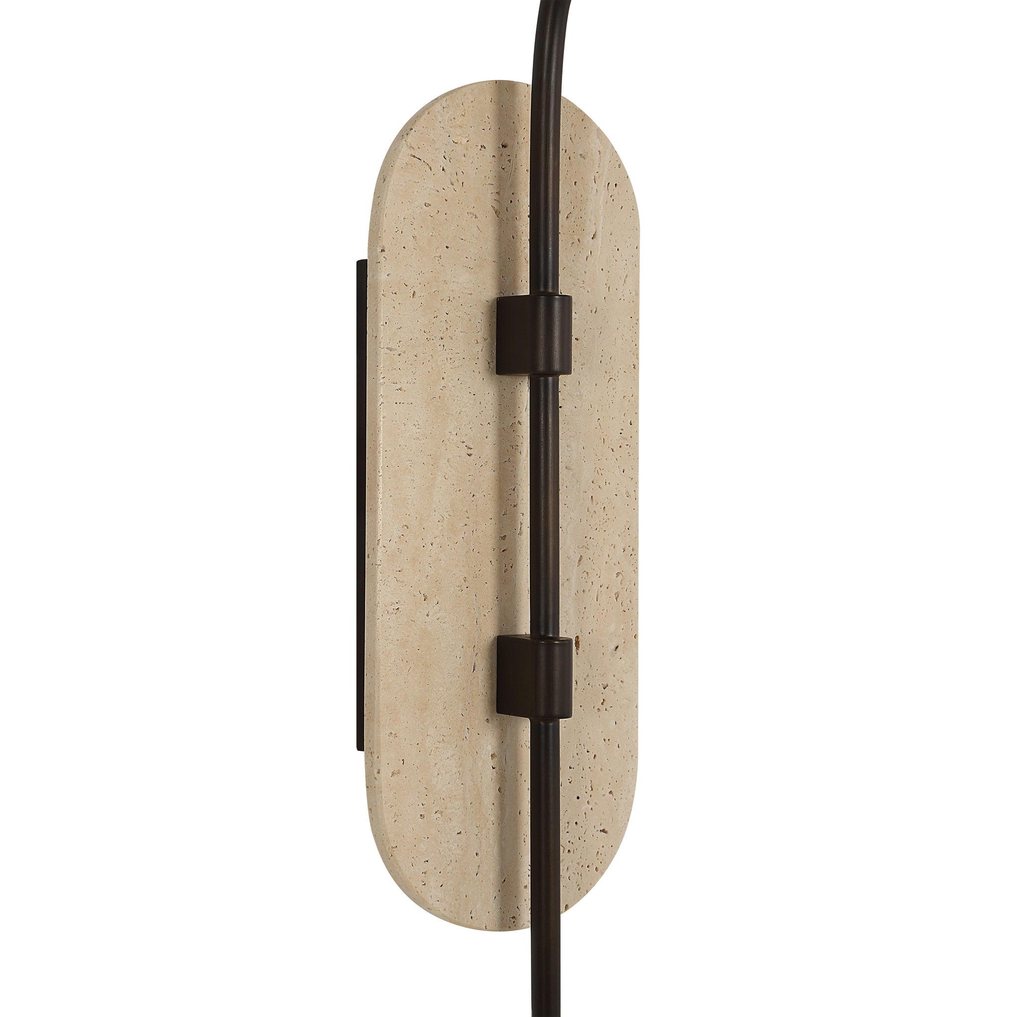 Close-up of Acca Wall Sconce showing beige stone backplate and black metal details