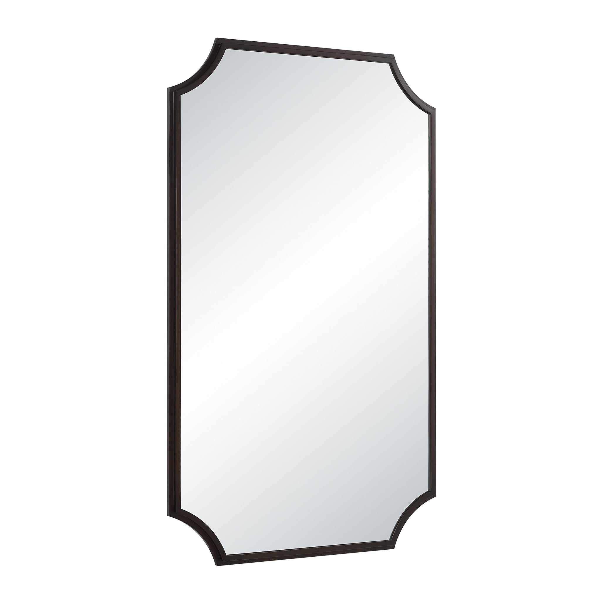 Torre mirror by Renwil, dark frame with scalloped edges, angled view showcasing its reflective surface.