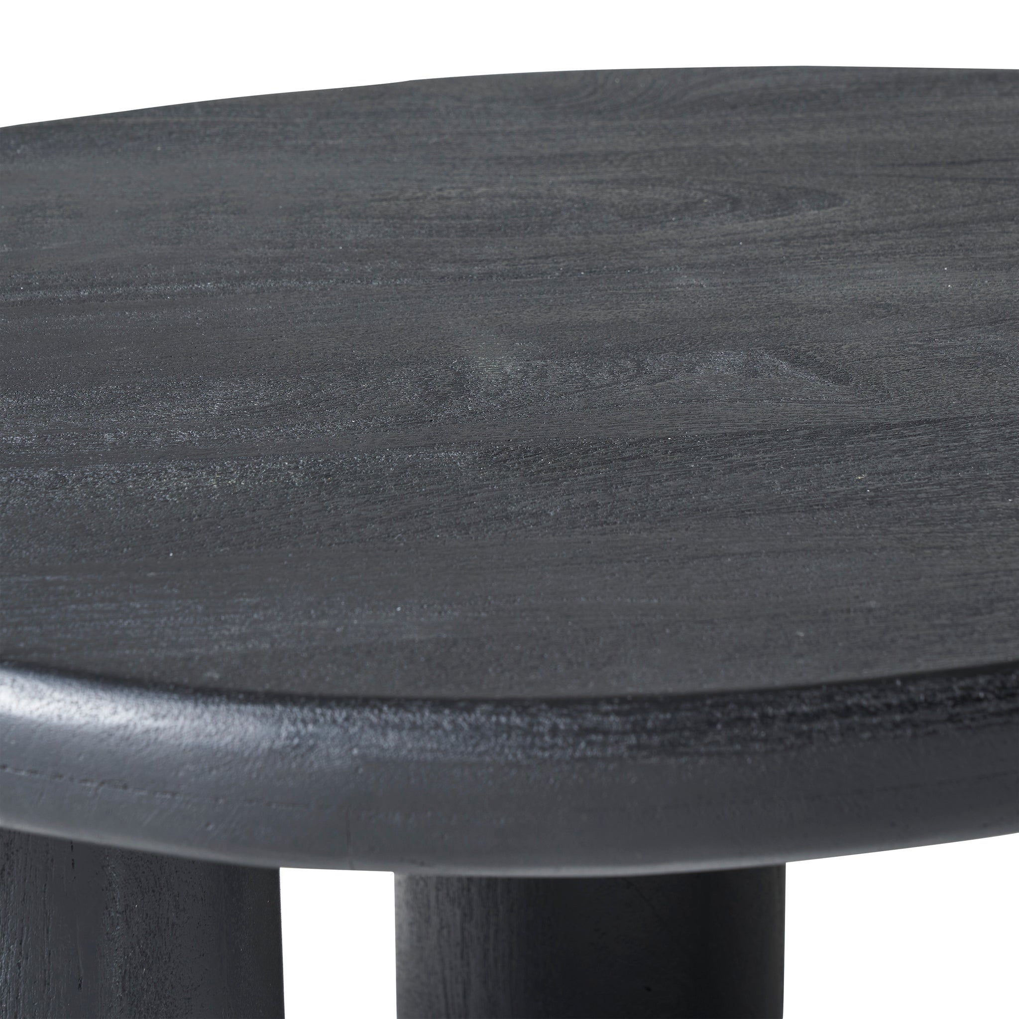 Rowe round black wooden table with a smooth surface and rounded edges, showcasing a modern design.