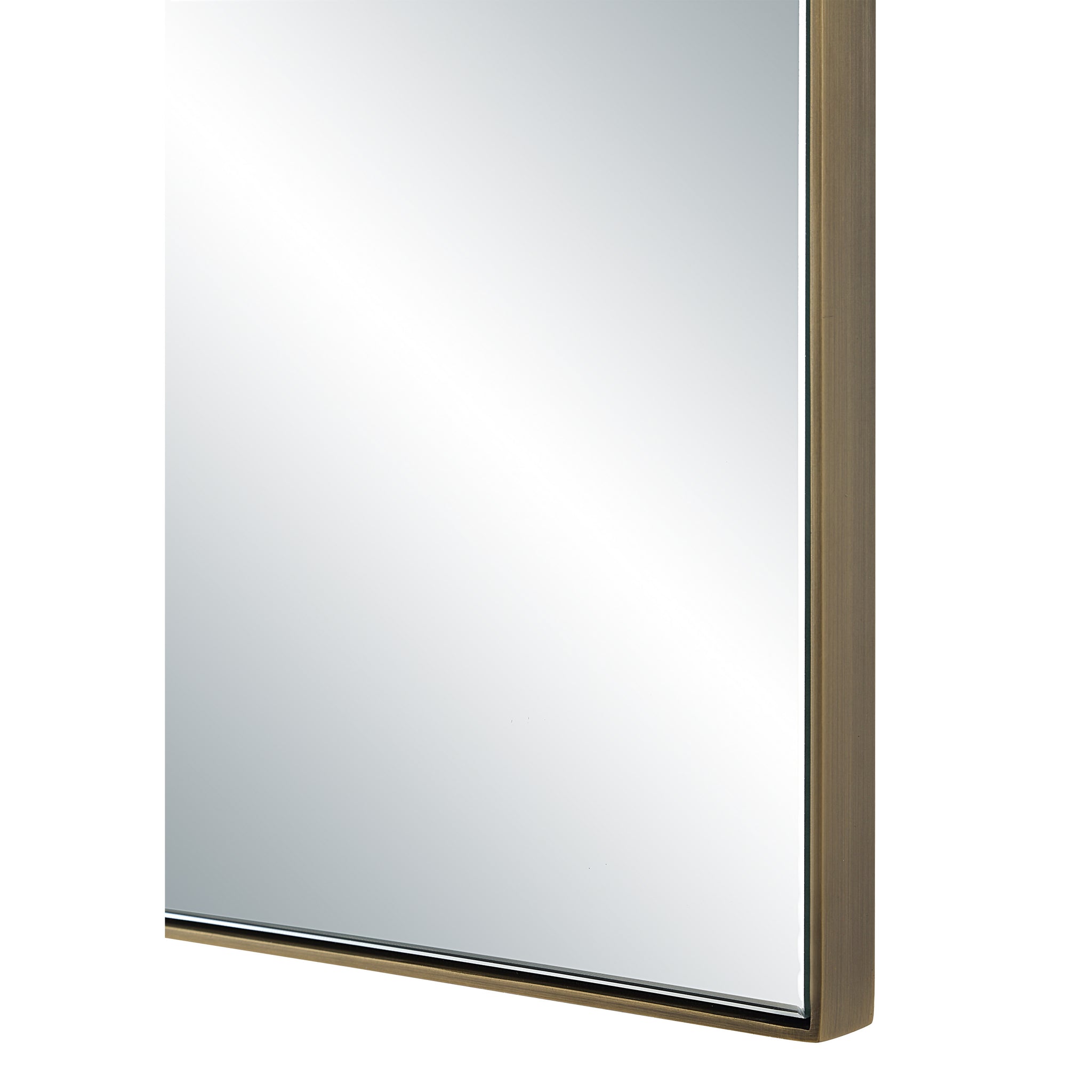 Close-up of Neem mirror by Renwil, highlighting the metal frame and reflective surface.