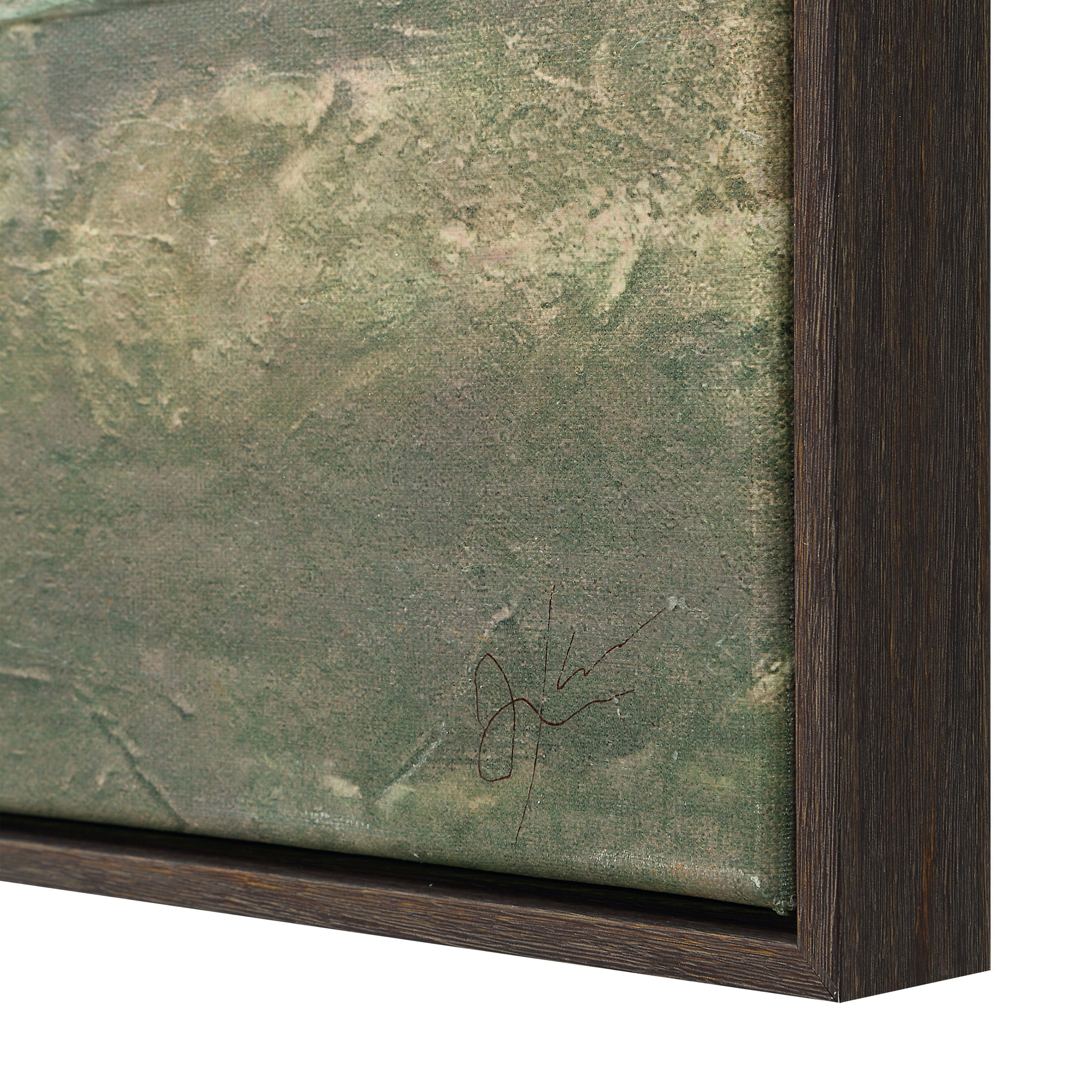 Close-up of Ashby canvas art showing textured green surface and signature, framed in dark wood.