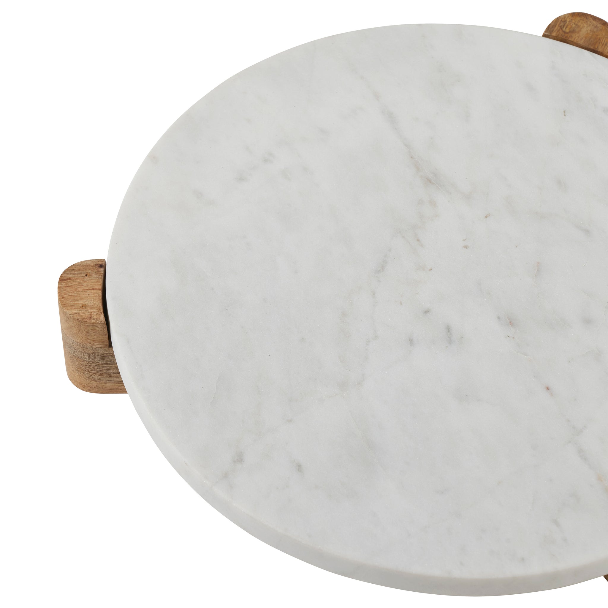 Lance round marble tray with wooden supports, white marble top, close-up view.