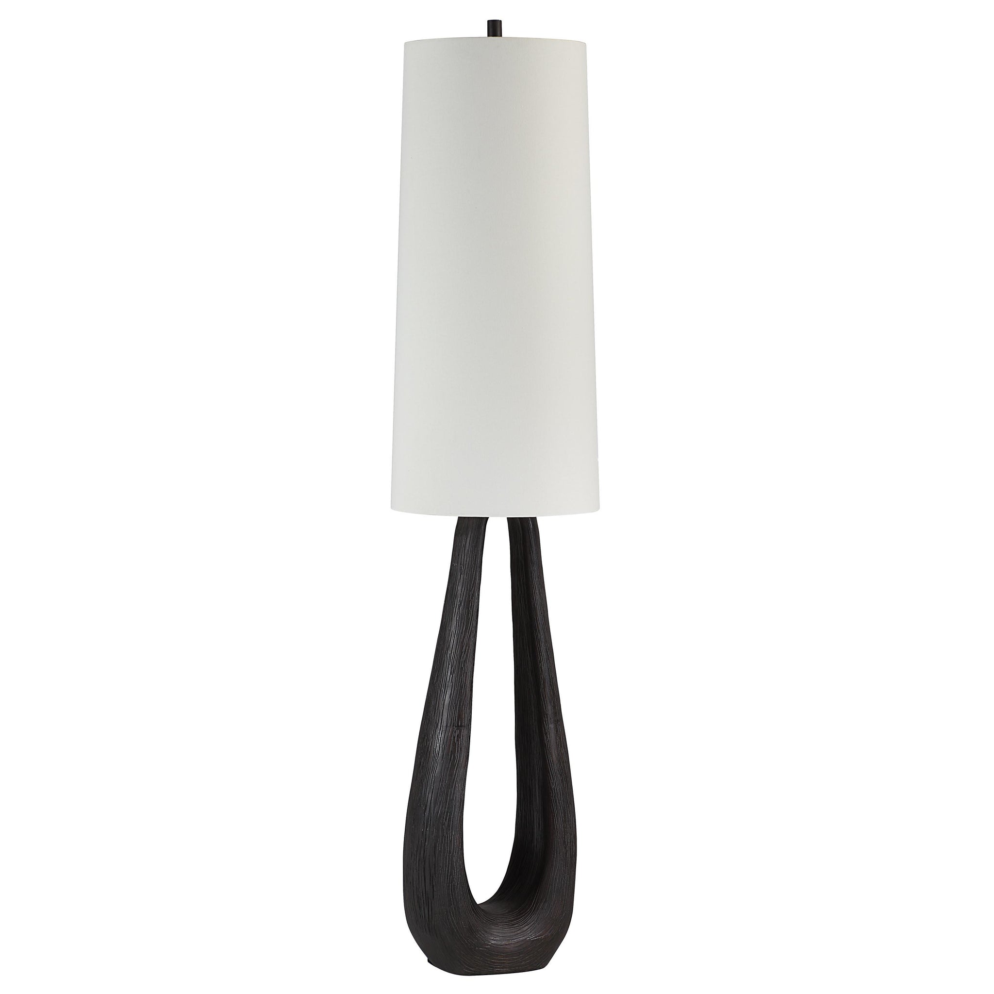 Cornelia floor lamp featuring a white shade and a textured dark wood base, viewed from the side.