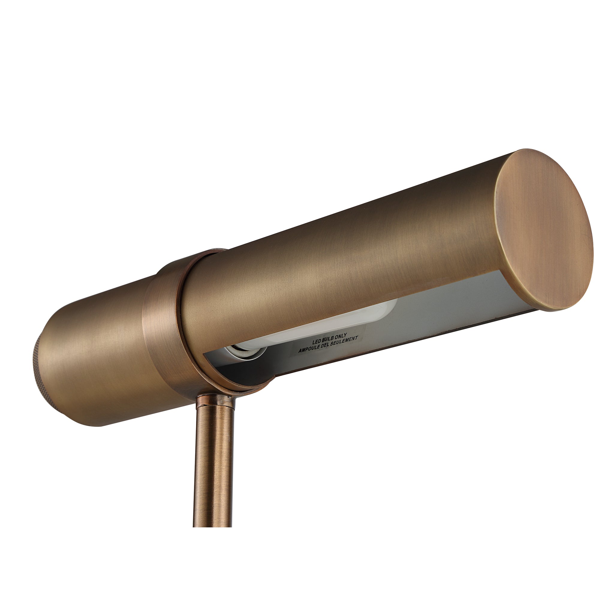 Gusle table lamp in brushed bronze finish with a cylindrical shade and sleek design, viewed from an angle.