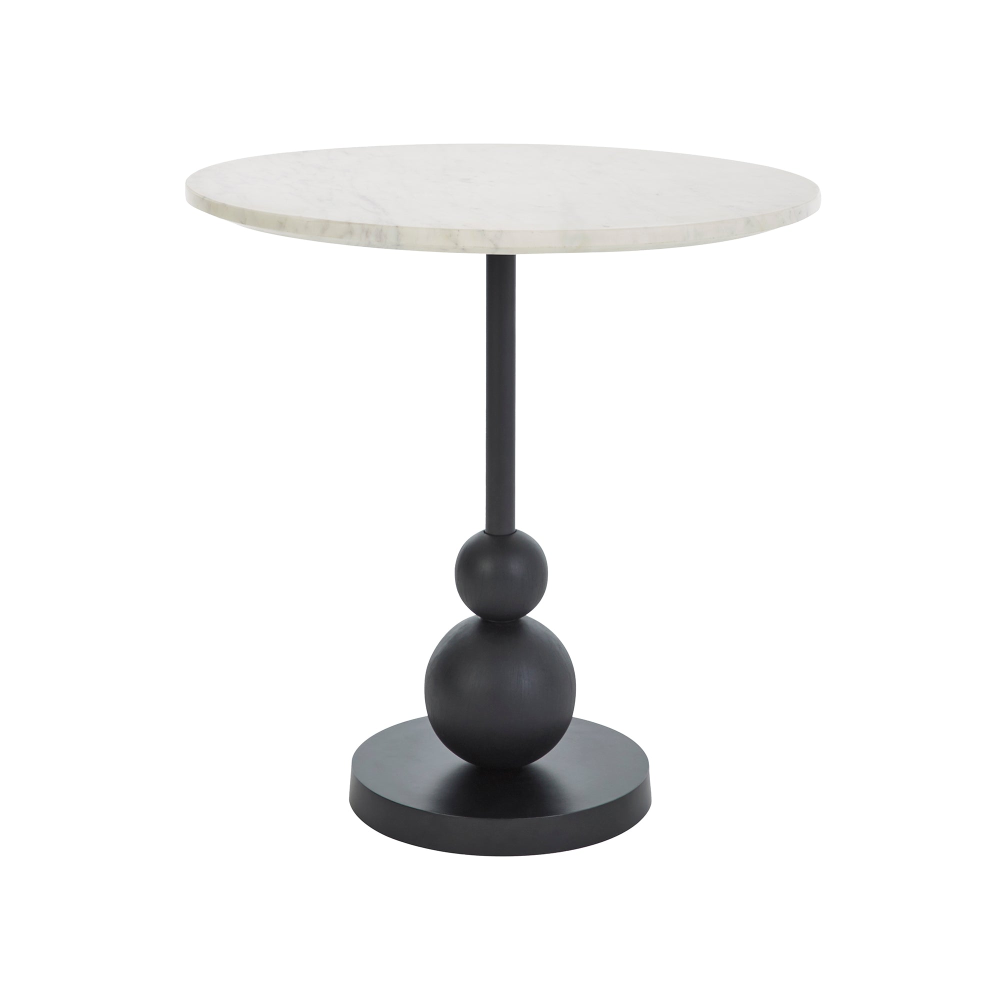Corrine Table with round white marble top and black base featuring a spherical design