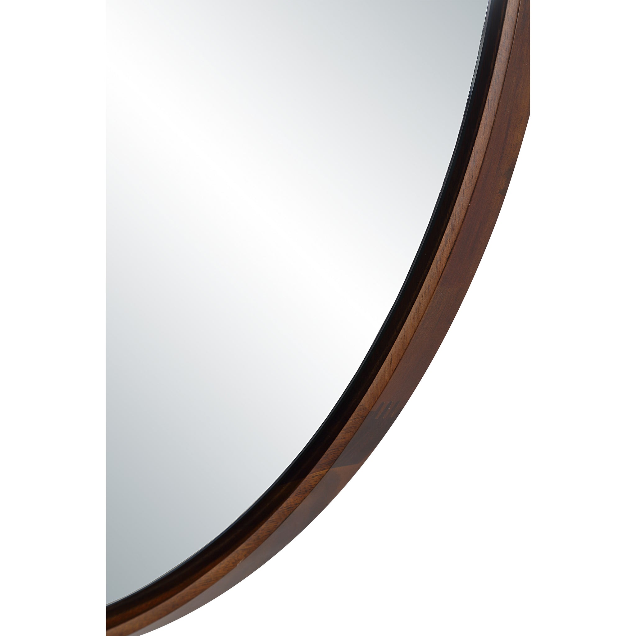 Close-up of Cabiria mirror edge, highlighting the dark wood frame and reflective surface.