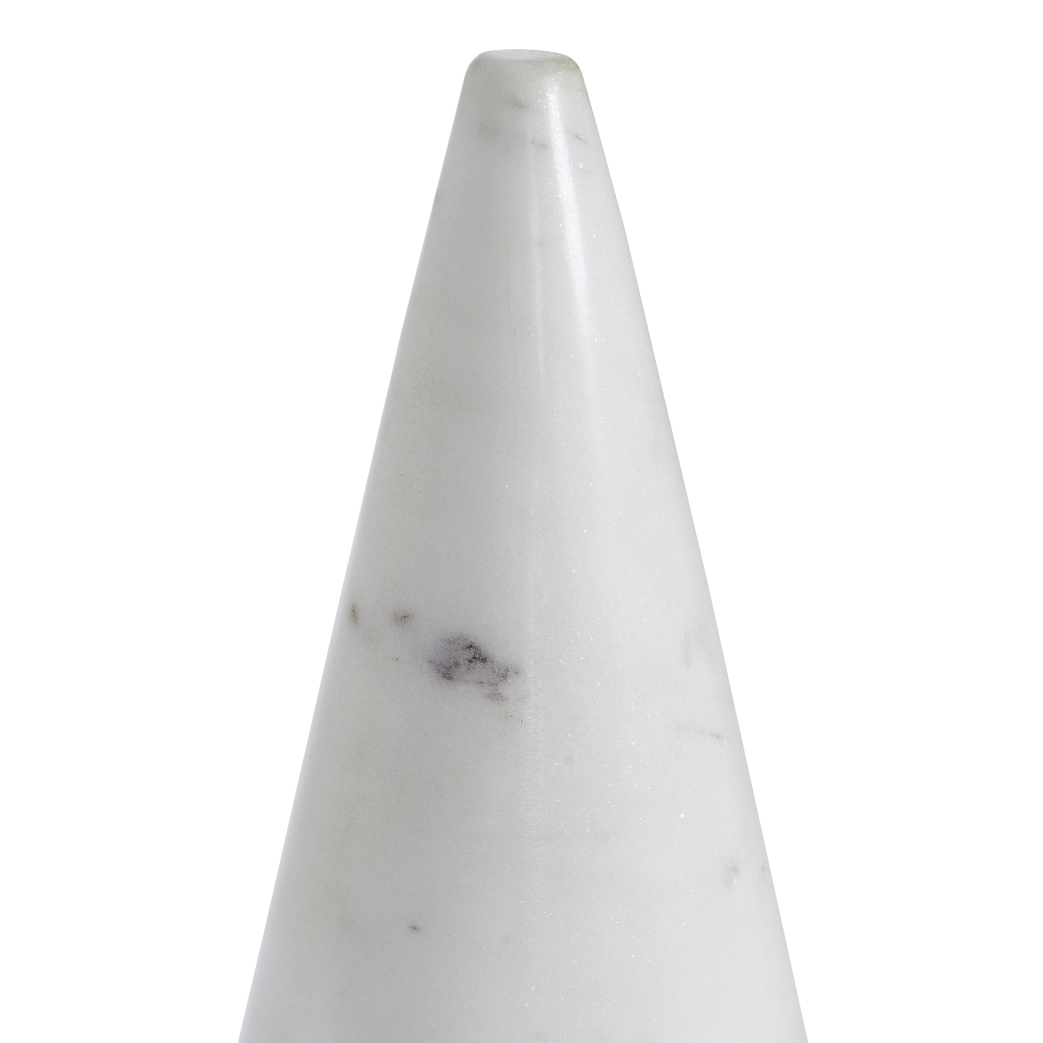 Silica statue by Renwil, close-up of white marble cone with subtle veining.