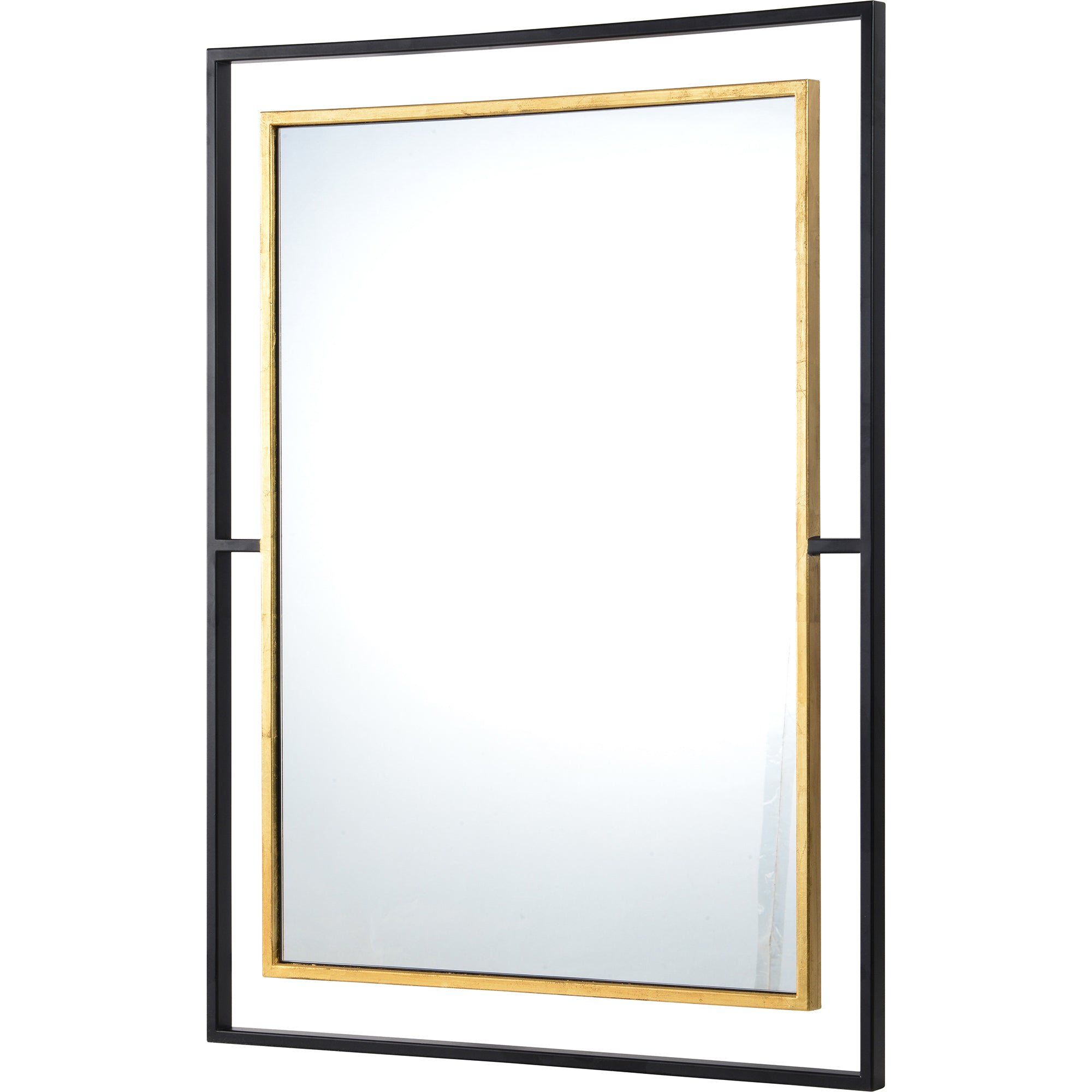 Gray wall mirror featuring a gold trim and black frame, viewed from a slight angle.