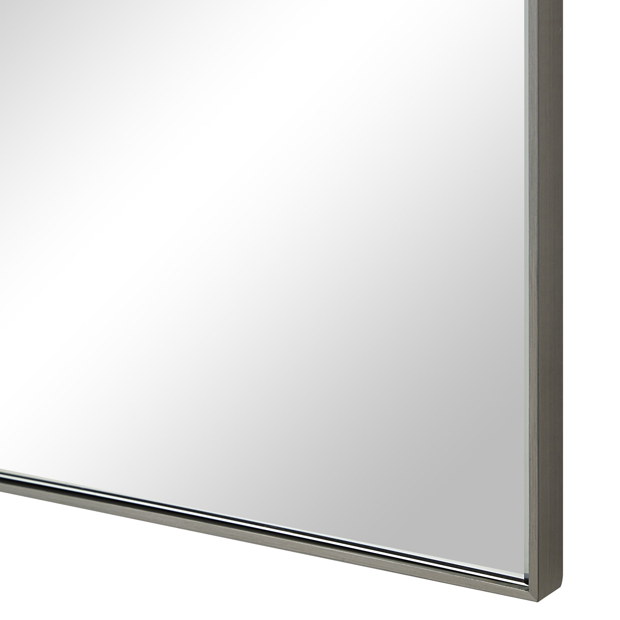 Close-up of Spili mirror by Renwil, highlighting the silver frame and clear reflection