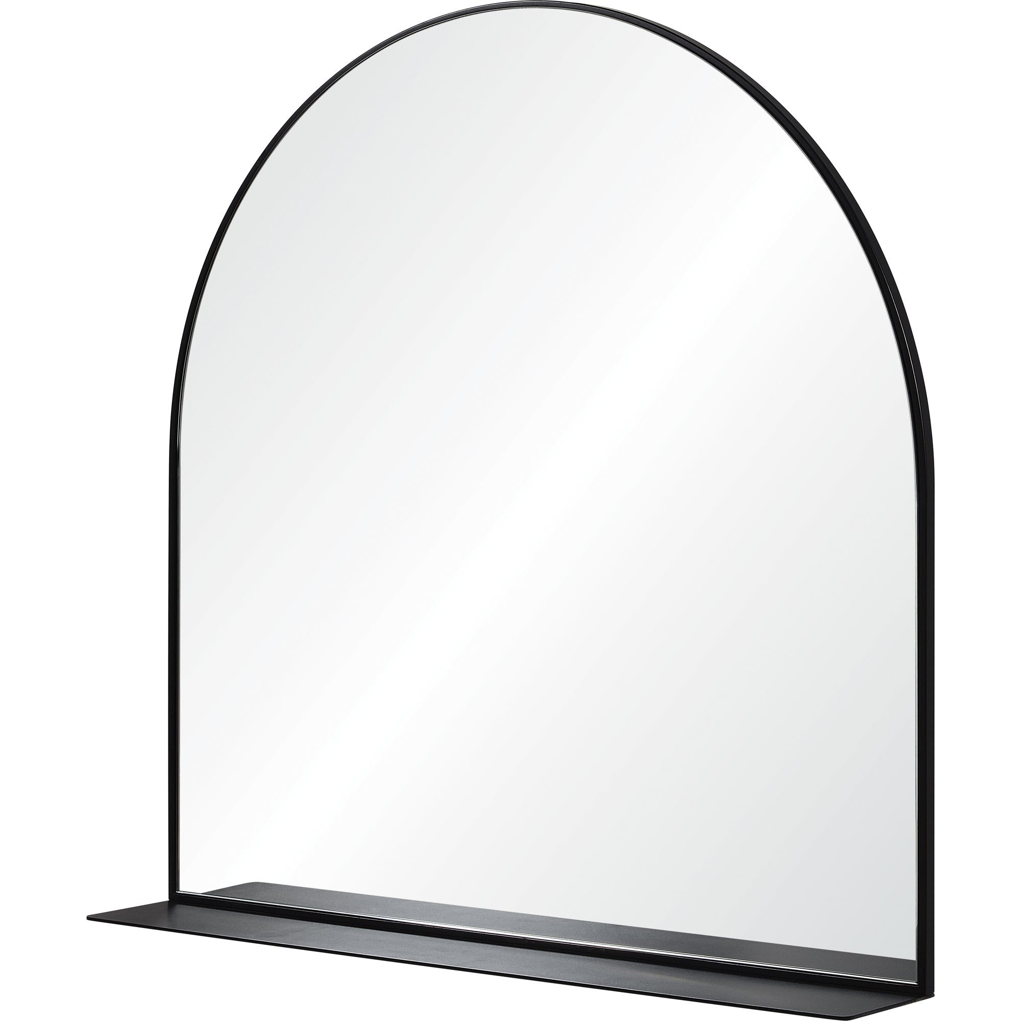 Wearstley Wall Mirror featuring a black frame and arched design, angled view with a flat base.