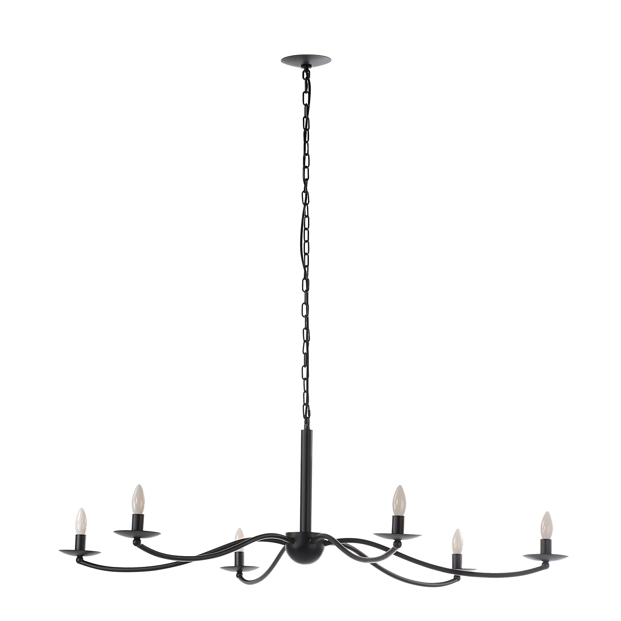Landen chandelier by Renwil, black metal with six candle-style lights, hanging from a chain.