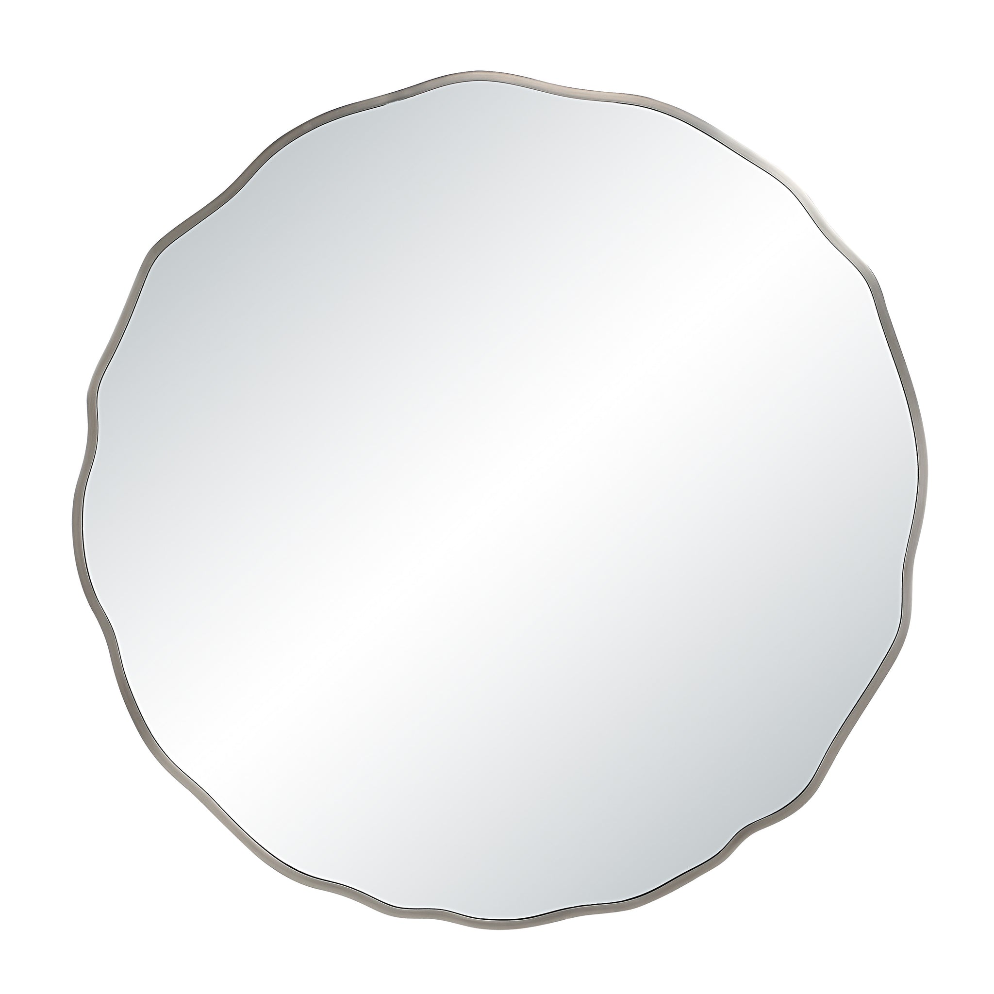Knox mirror with a scalloped silver frame and reflective surface, viewed straight on.