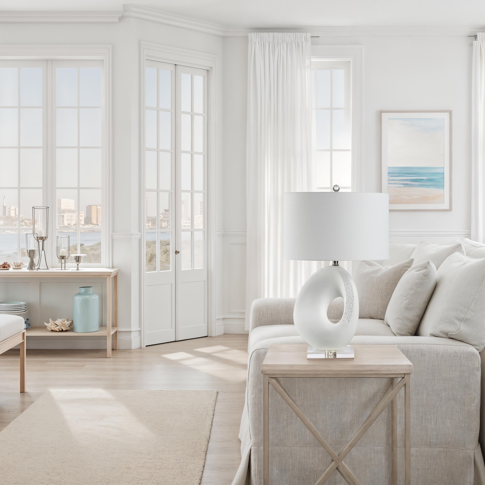 Opalis Table Lamp on a side table in a light-filled living room.