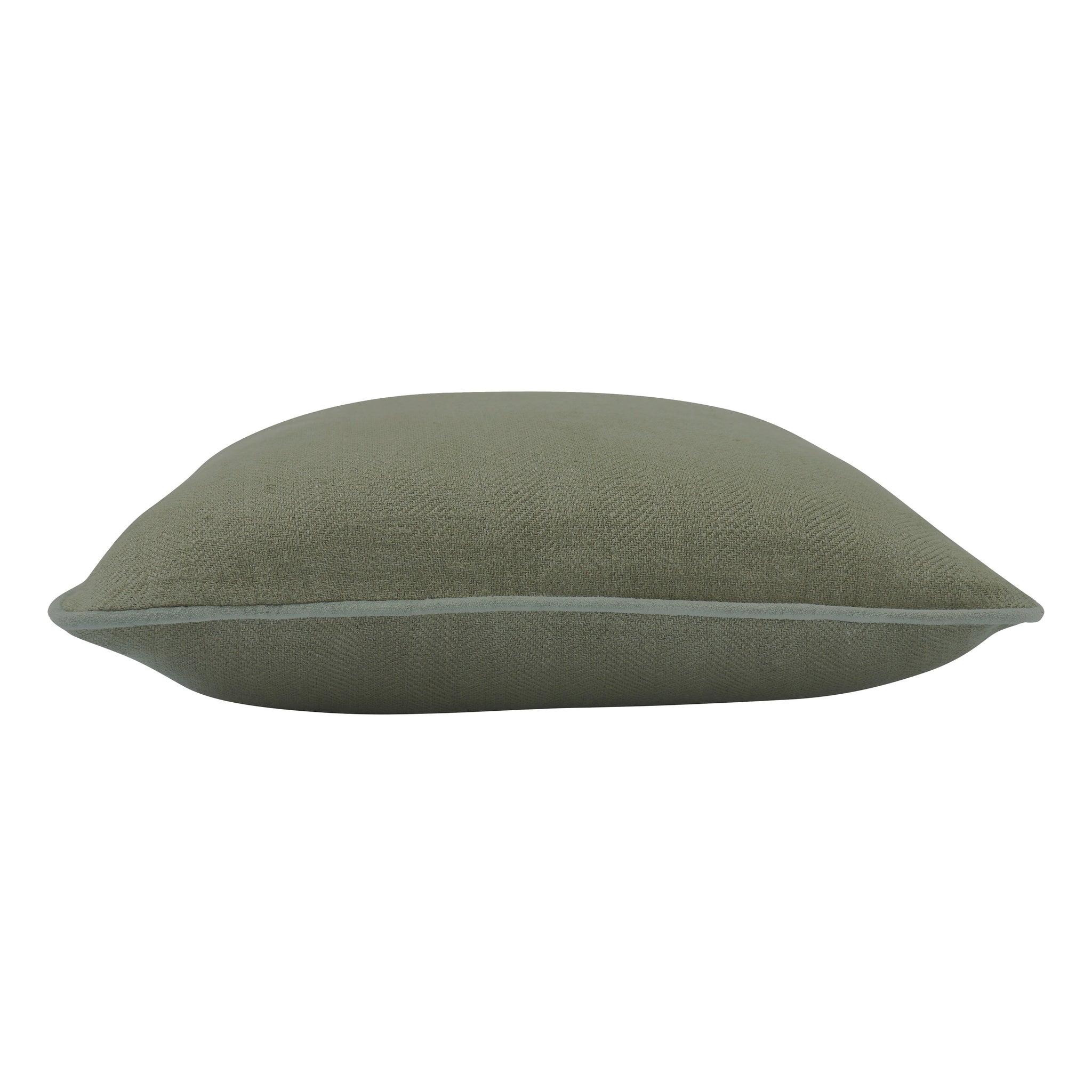 Lavigne Indoor Pillow viewed from the side, showcasing its olive green color and piped edges.