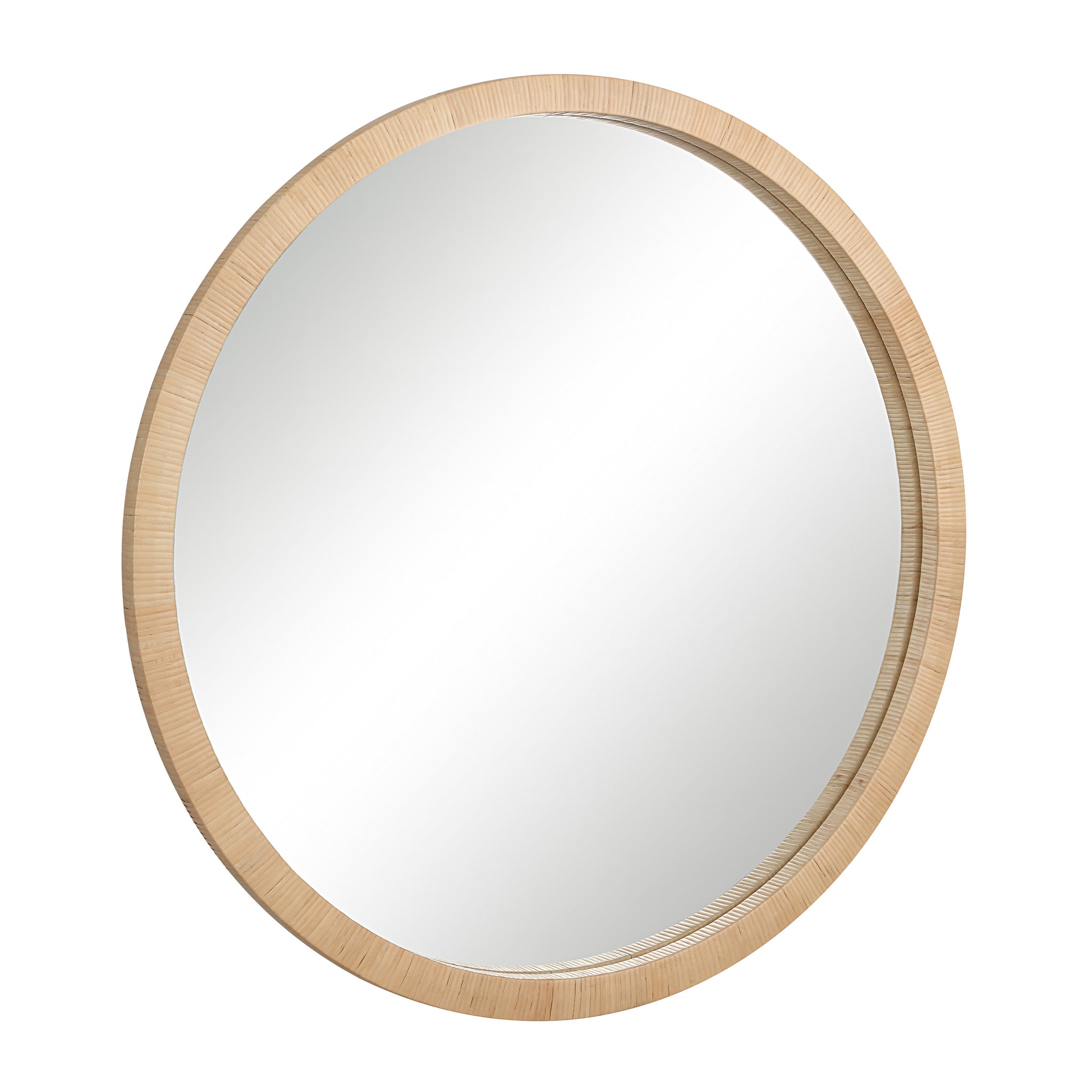Rita mirror featuring a round design with a textured natural wood frame and clear reflective glass.