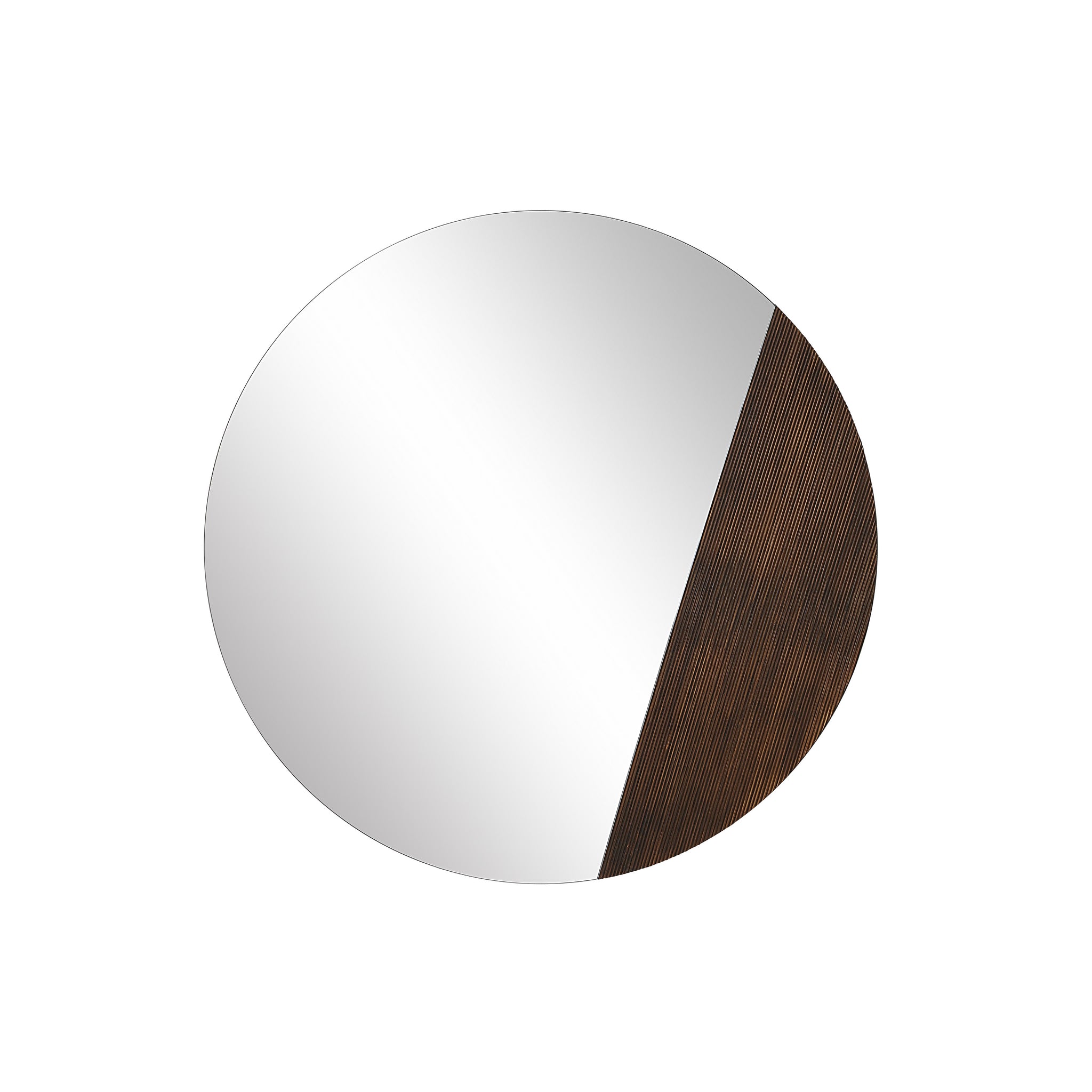 Ronda mirror featuring a round shape with a wooden accent on one side.