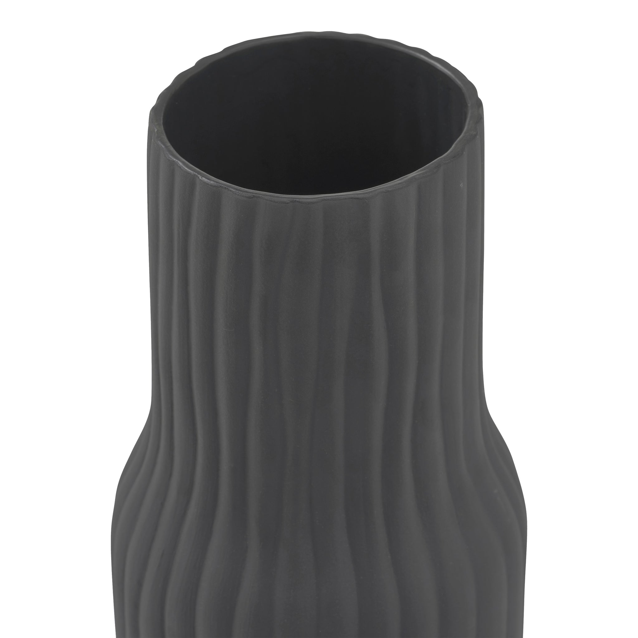 Nocera Vase by Renwil, top view of black ceramic vase showcasing ribbed design