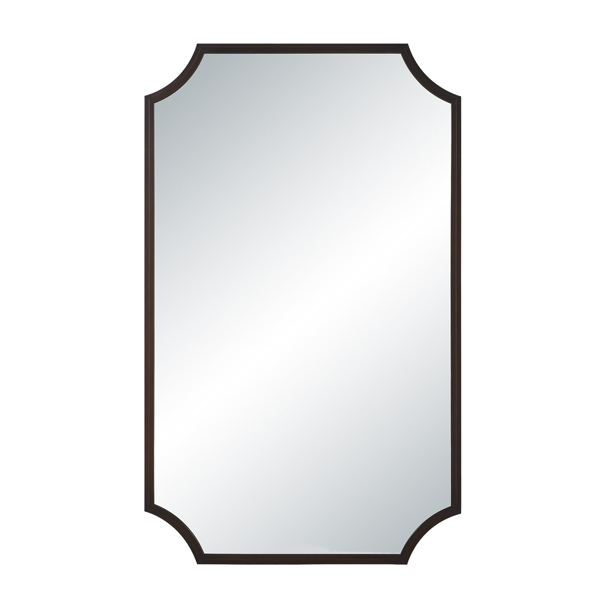 Torre mirror by Renwil with a dark frame and scalloped edges, reflecting light.