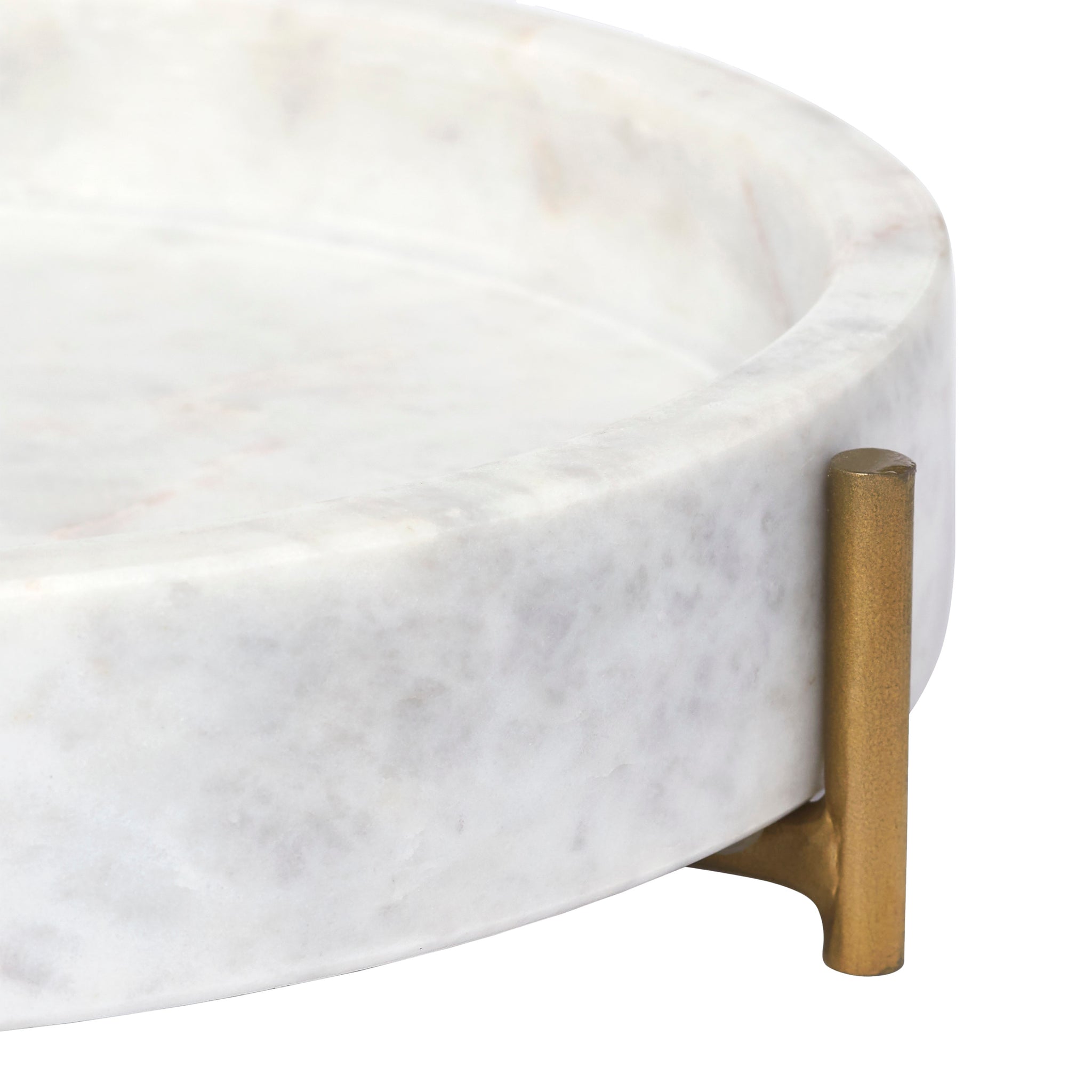 Close-up of Lingby vase showcasing white marble texture and gold metal support.