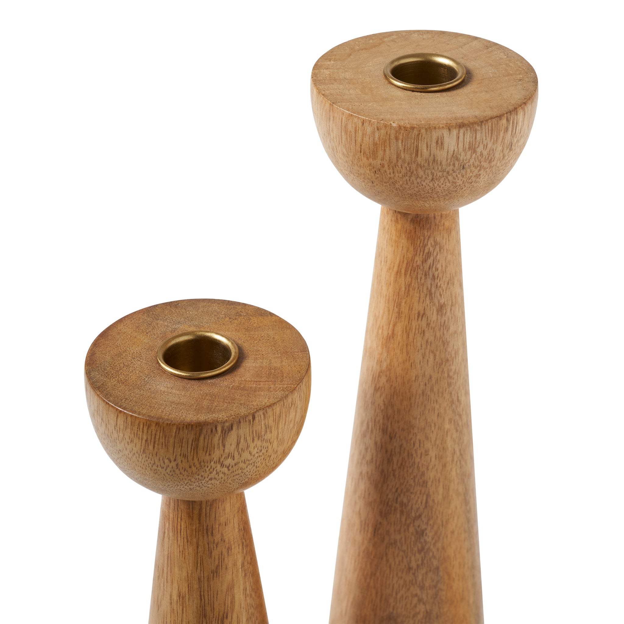 Close-up of Laurier candle holders showing wooden texture and brass candle cup.