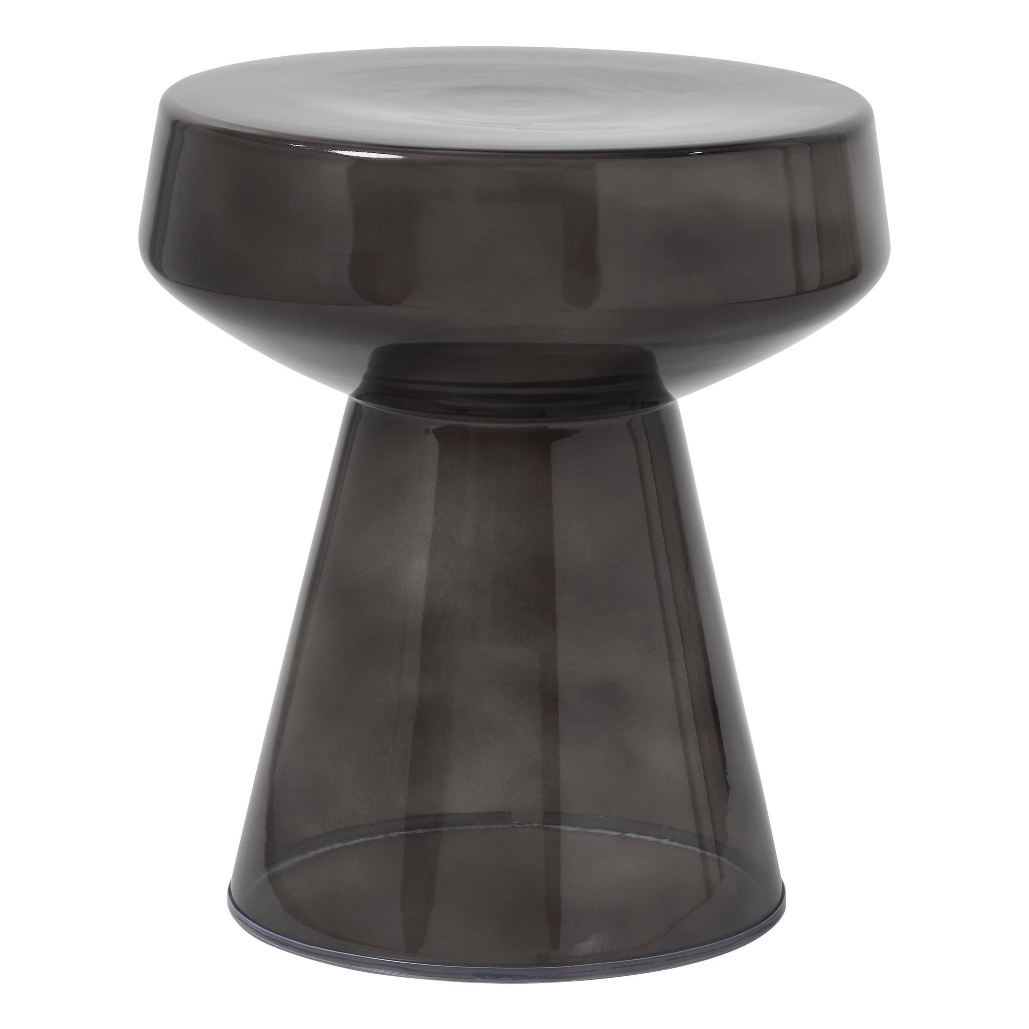 Lavinia table in dark smoke color with a rounded top and tapered base
