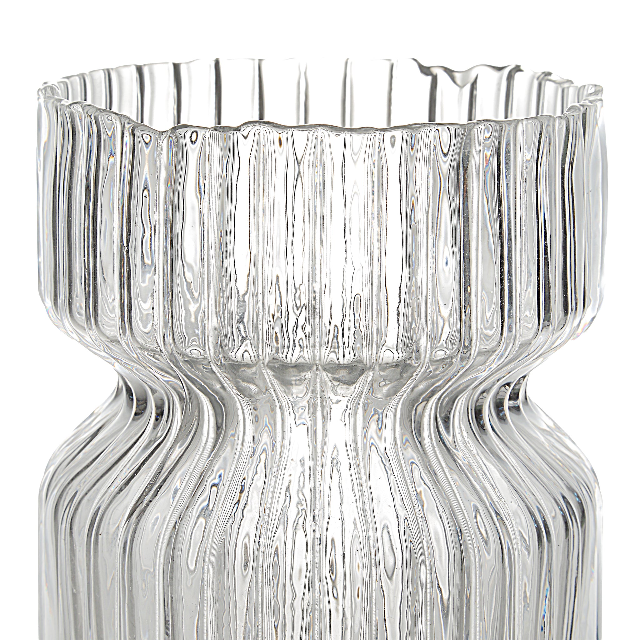 Gladys Glass Vase by Renwil, close-up of ribbed design, clear glass, fluted top.
