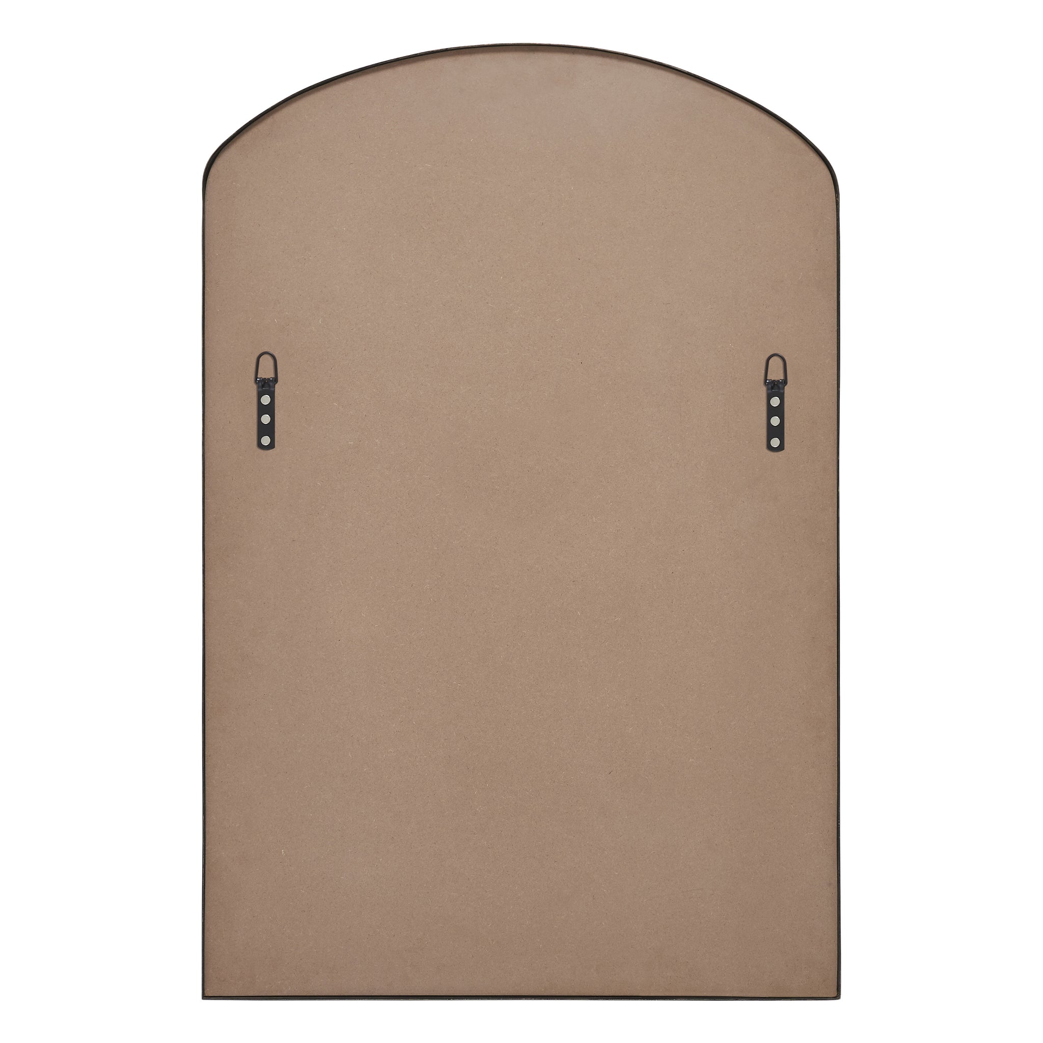 Back view of the Clarisse mirror, showing a smooth surface with hanging hardware and an arched top.