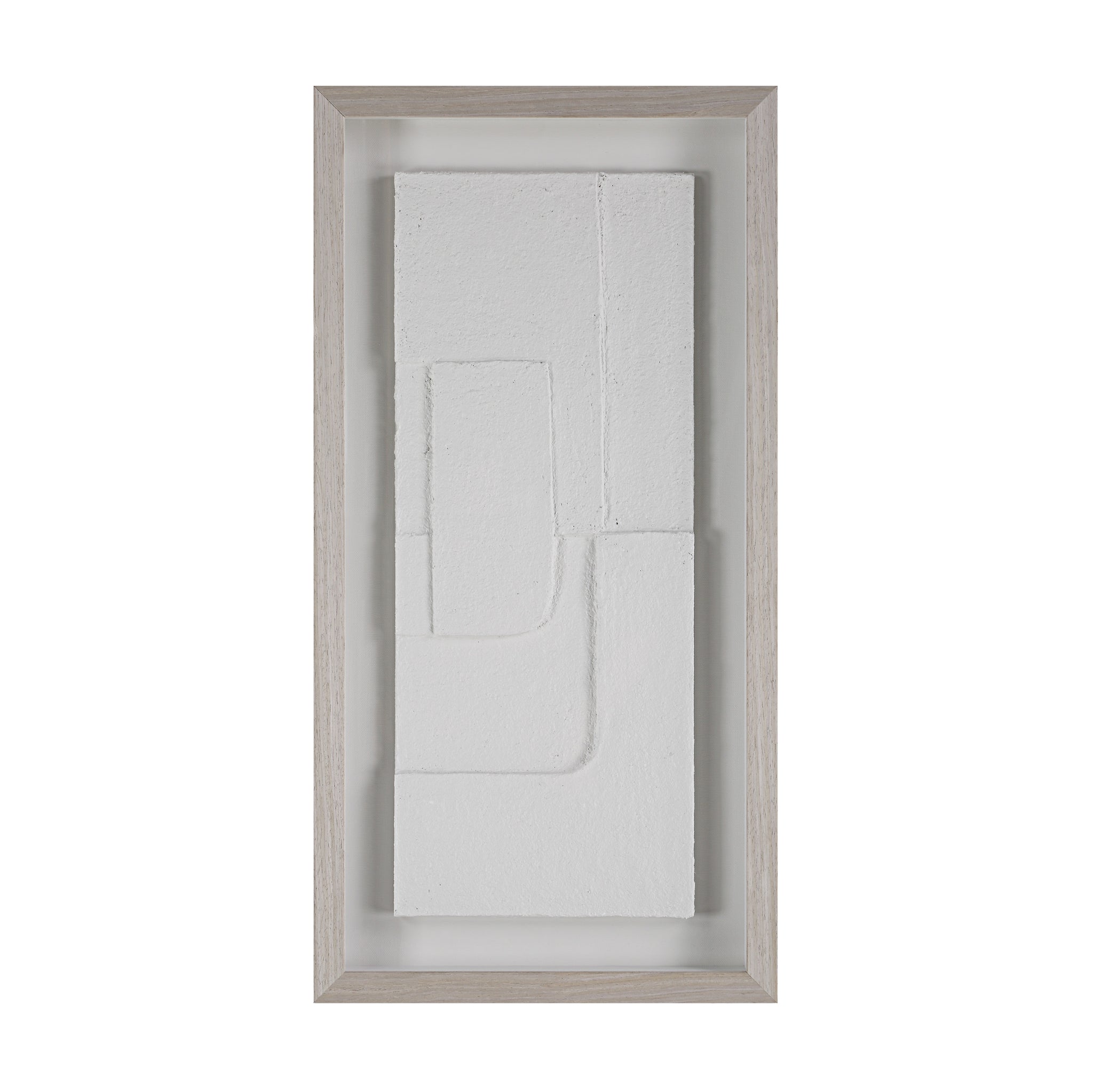 Arches wall art with a white textured design in a light wood frame, front view