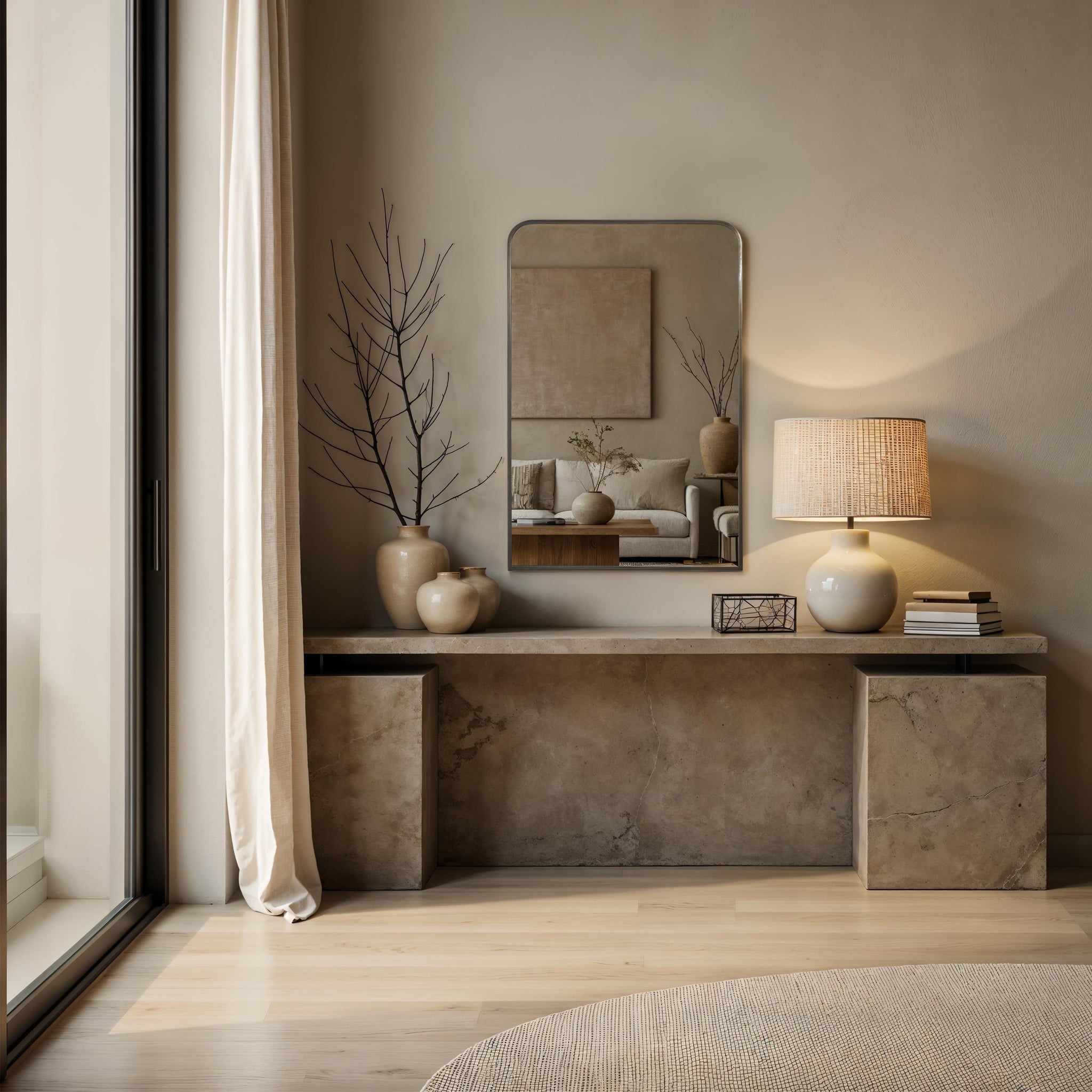 Jackline mirror styled in a modern living room, reflecting a cozy space with neutral decor.