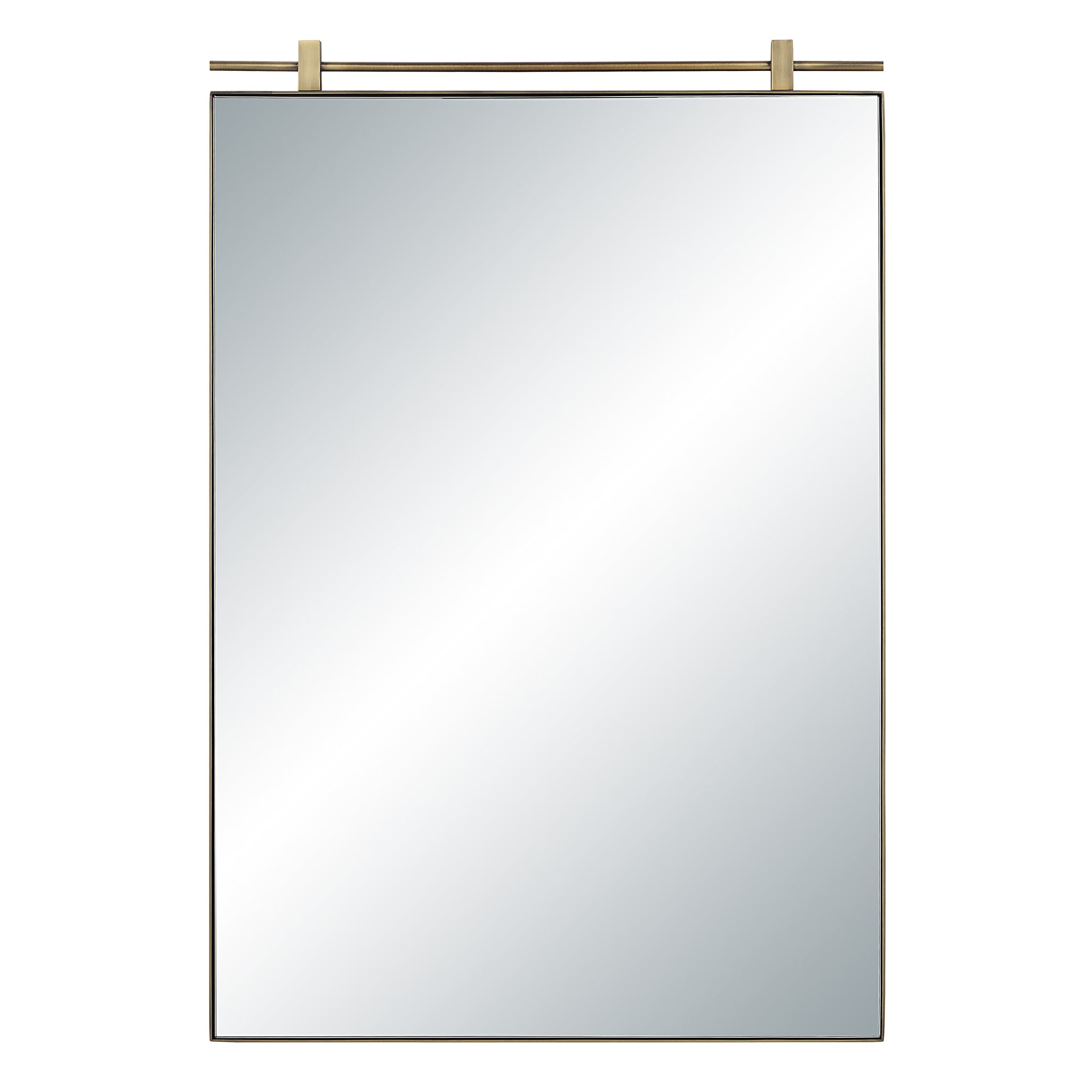 Neem mirror by Renwil, rectangular design with a sleek metal frame and top bar in gold.