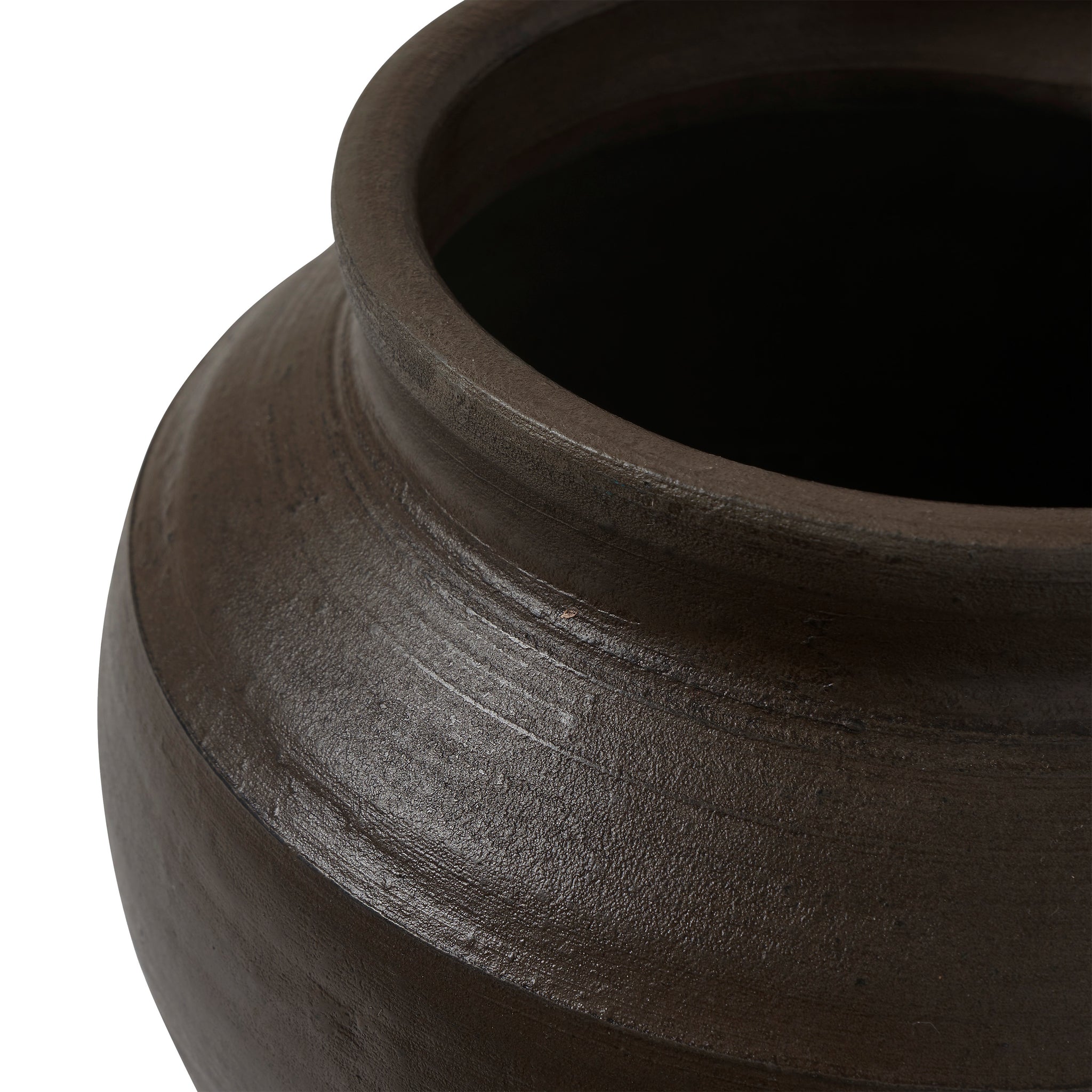 Bondi vase in dark brown ceramic, close-up view highlighting the rim and texture.