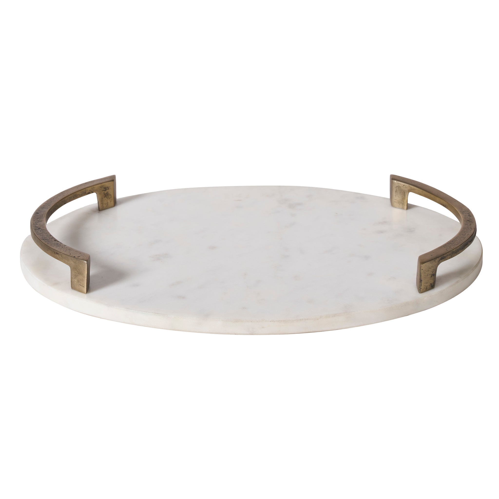Bianca vase with a round white marble base and bronze handles, viewed from the side.