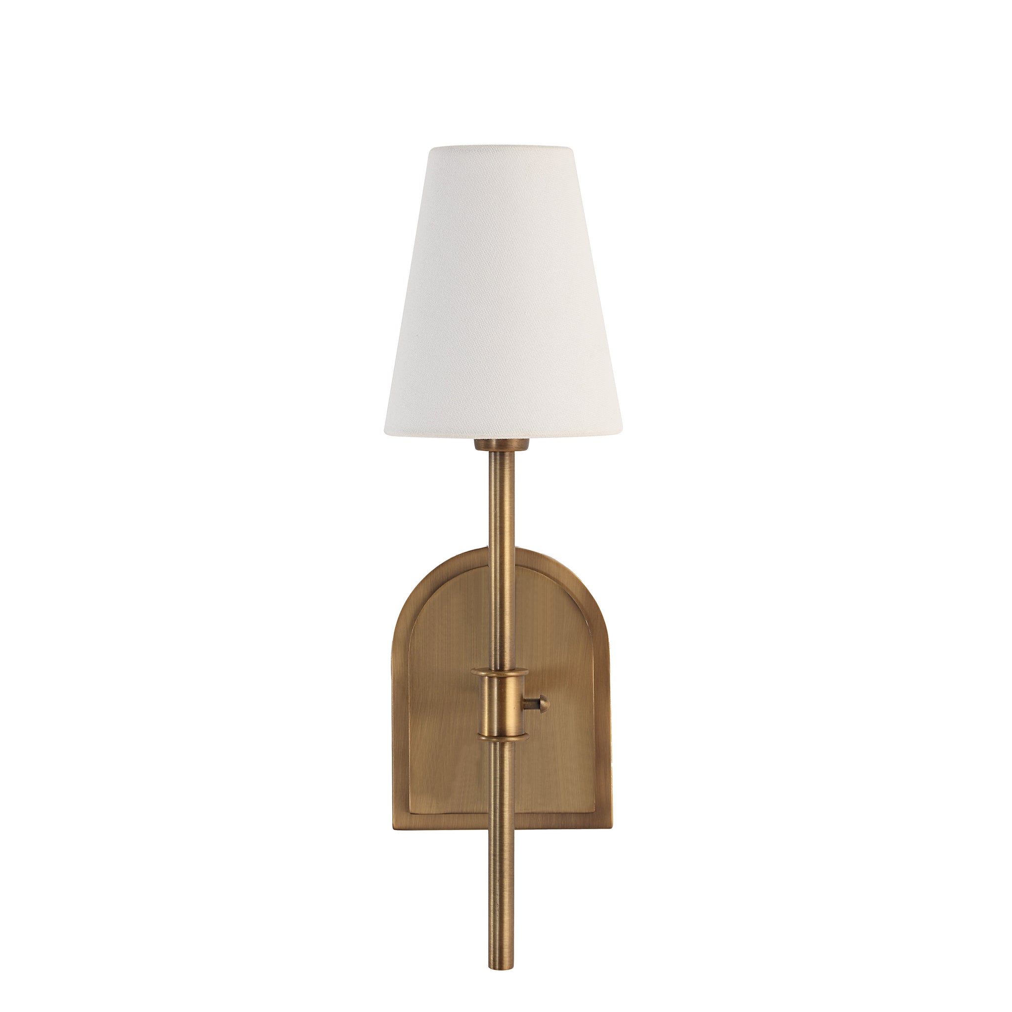 Montreux wall sconce with a white fabric shade and brass finish, featuring a sleek design.