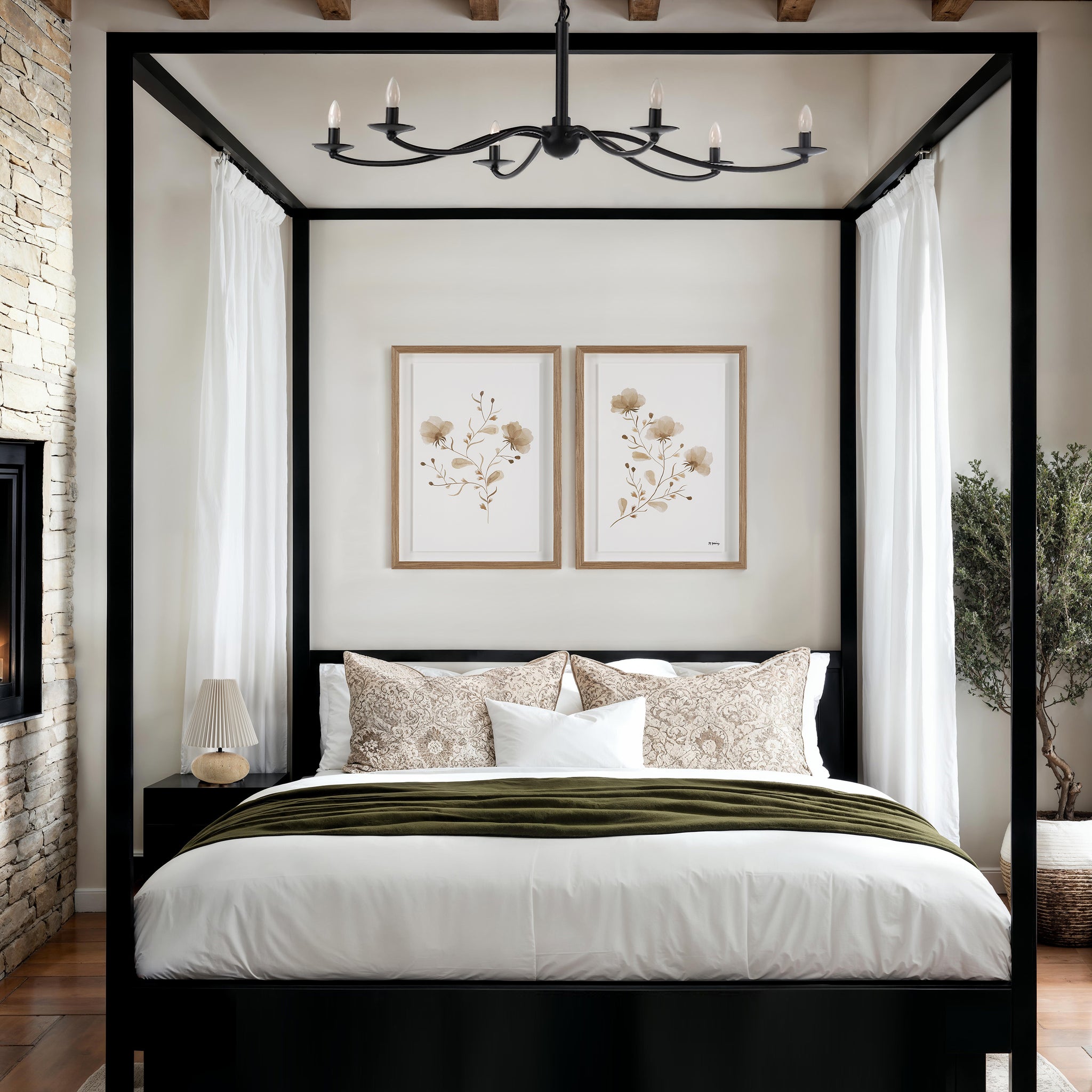 Madalena wall art featuring floral prints in light tones, framed in natural wood, displayed above a bed.