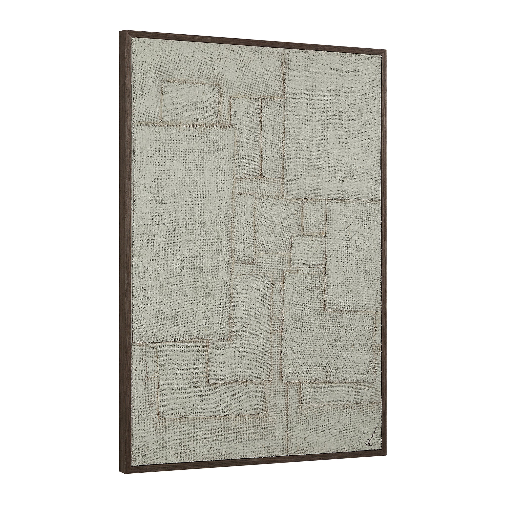 Caramelo wall art featuring a textured light gray canvas with abstract shapes.