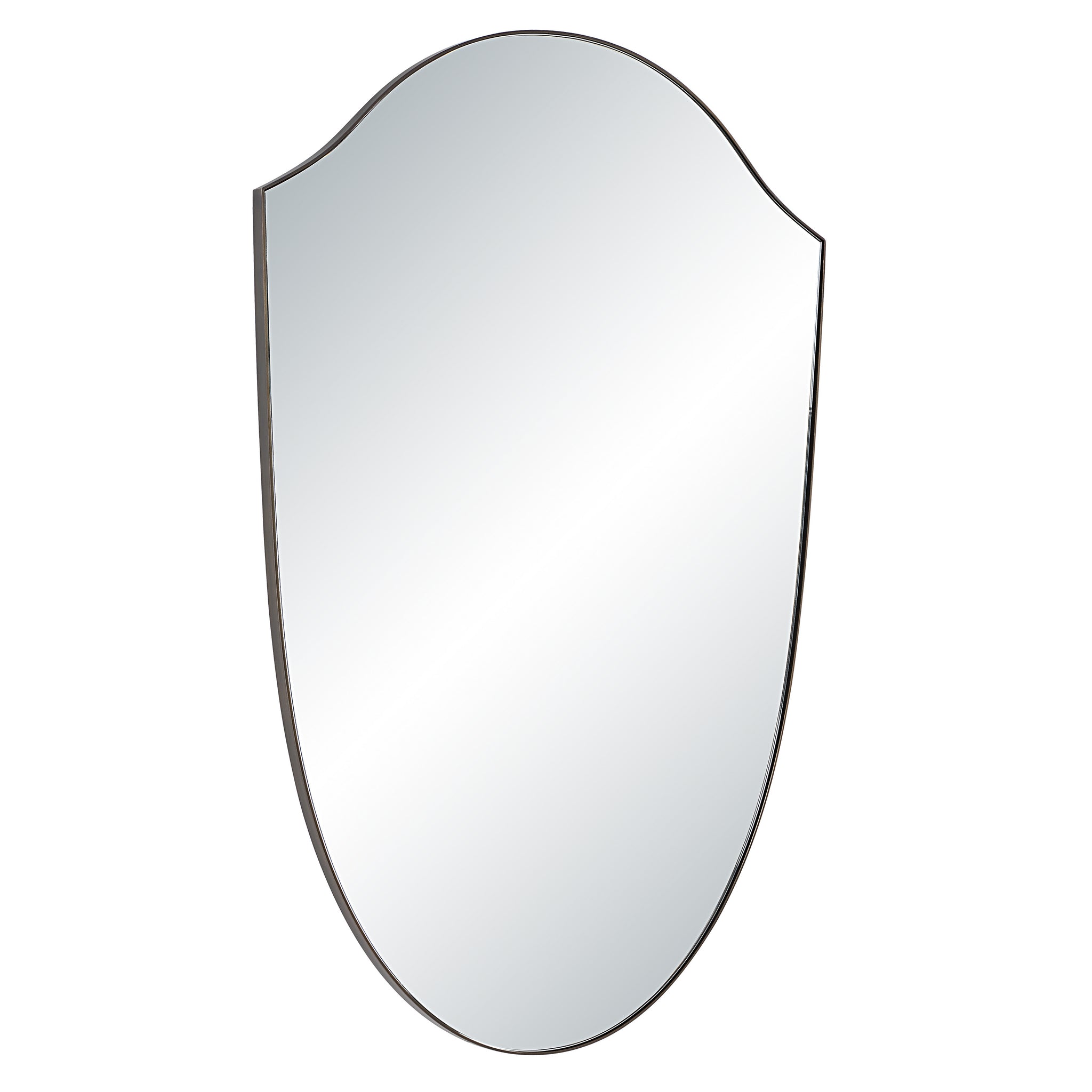 Reims mirror by Renwil, elegant shield shape, clear reflection, subtle frame.