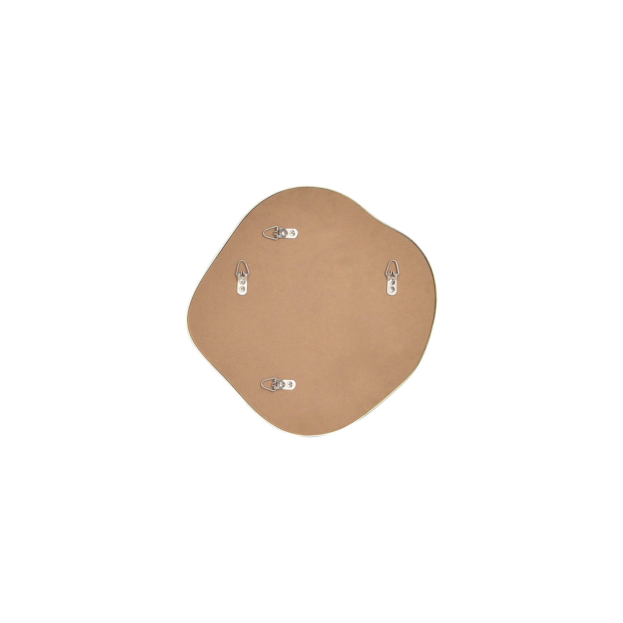 Nucleus Wall Mirror back view with four metal hooks on a tan backing.