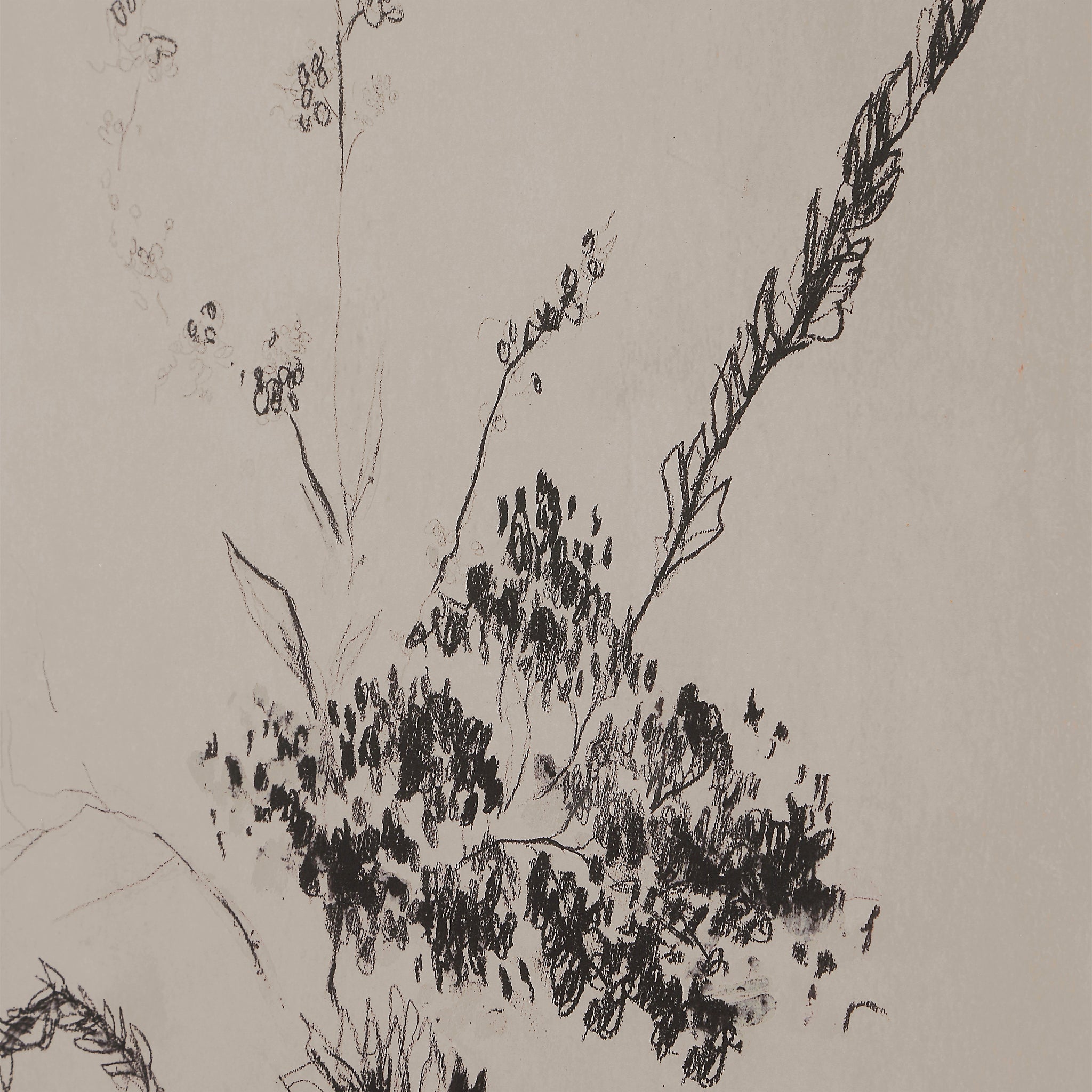 Close-up of Adeline artwork showing detailed floral sketches in black ink on a beige canvas.
