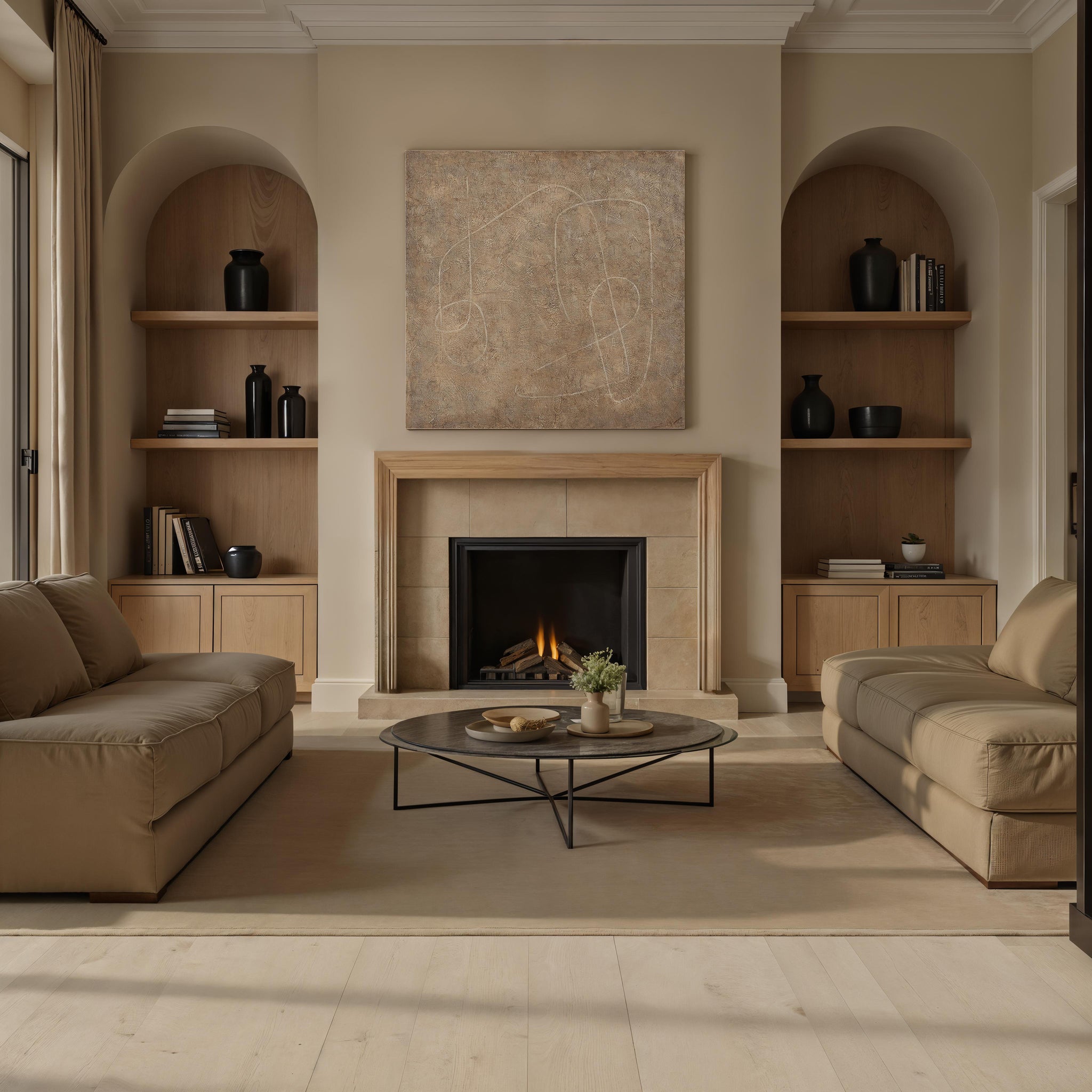 Berkeley Canvas Art hung in a modern living room, above a fireplace with neutral decor
