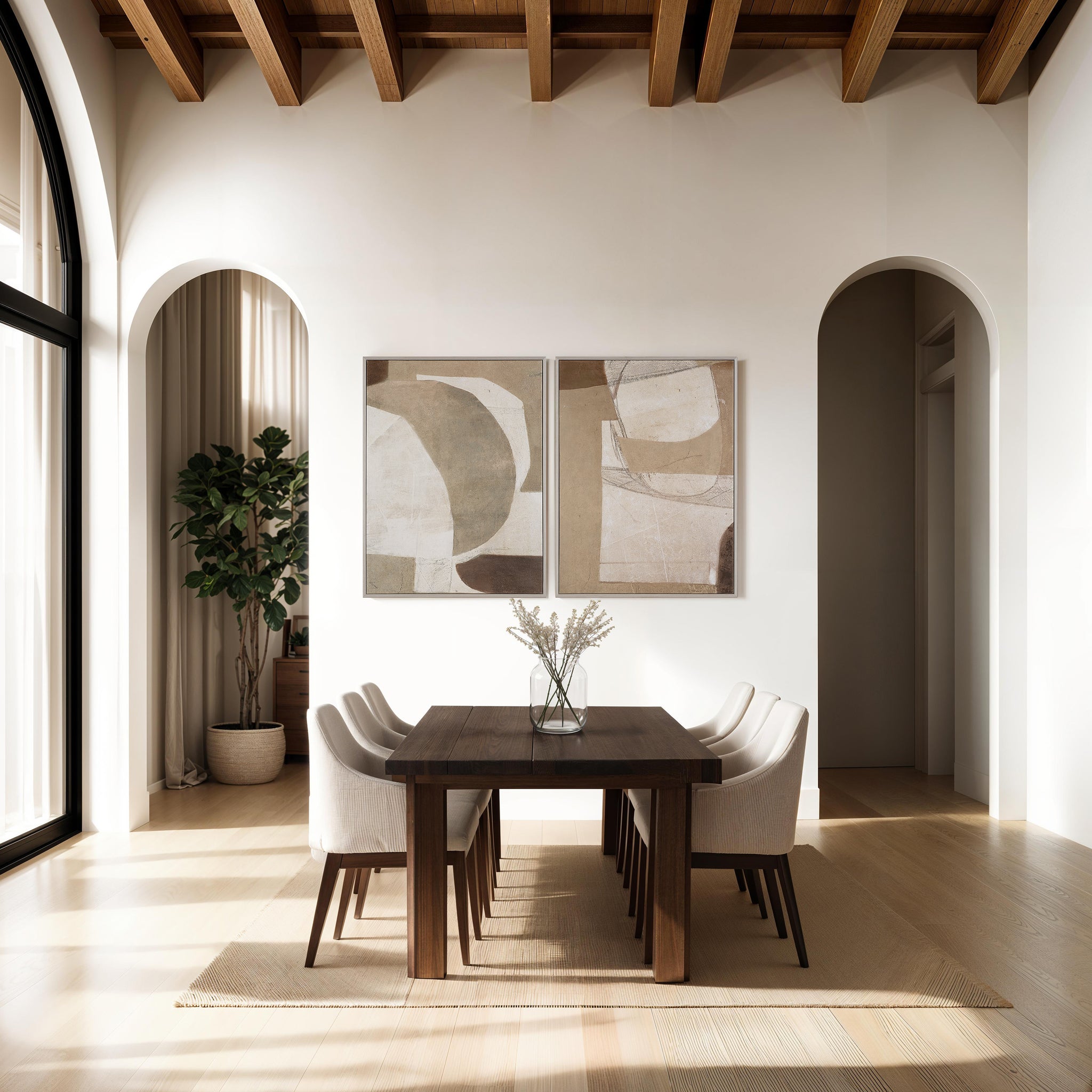 Alcea Canvas Art featuring abstract shapes in neutral tones, displayed above a dining table.
