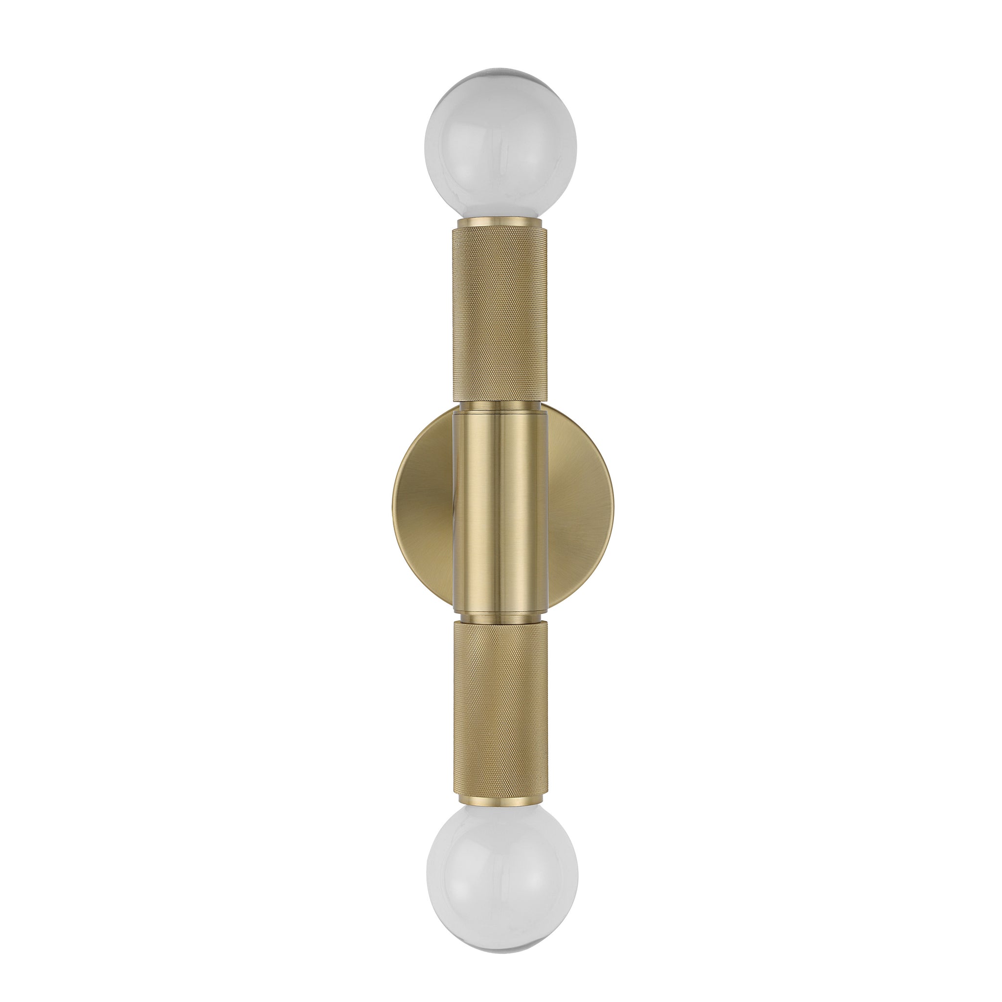 Tovi Wall Sconce in brass with two globes and textured cylindrical details