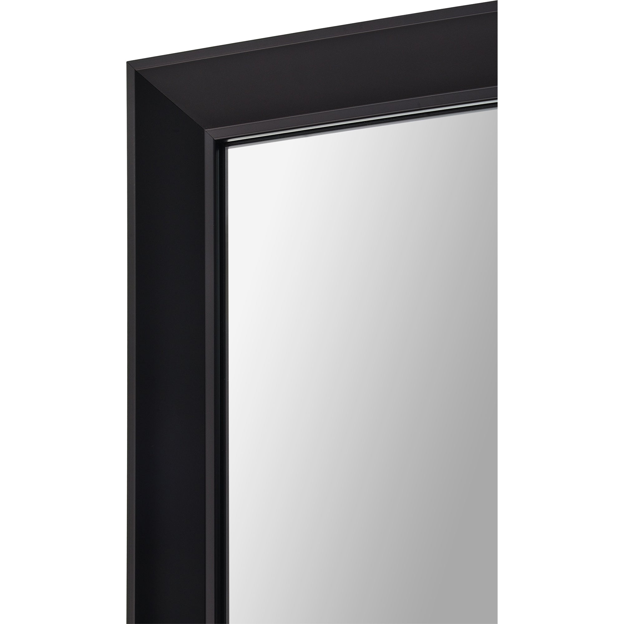 Close-up of Delacorte Wall Mirror's black frame highlighting its clean edges.