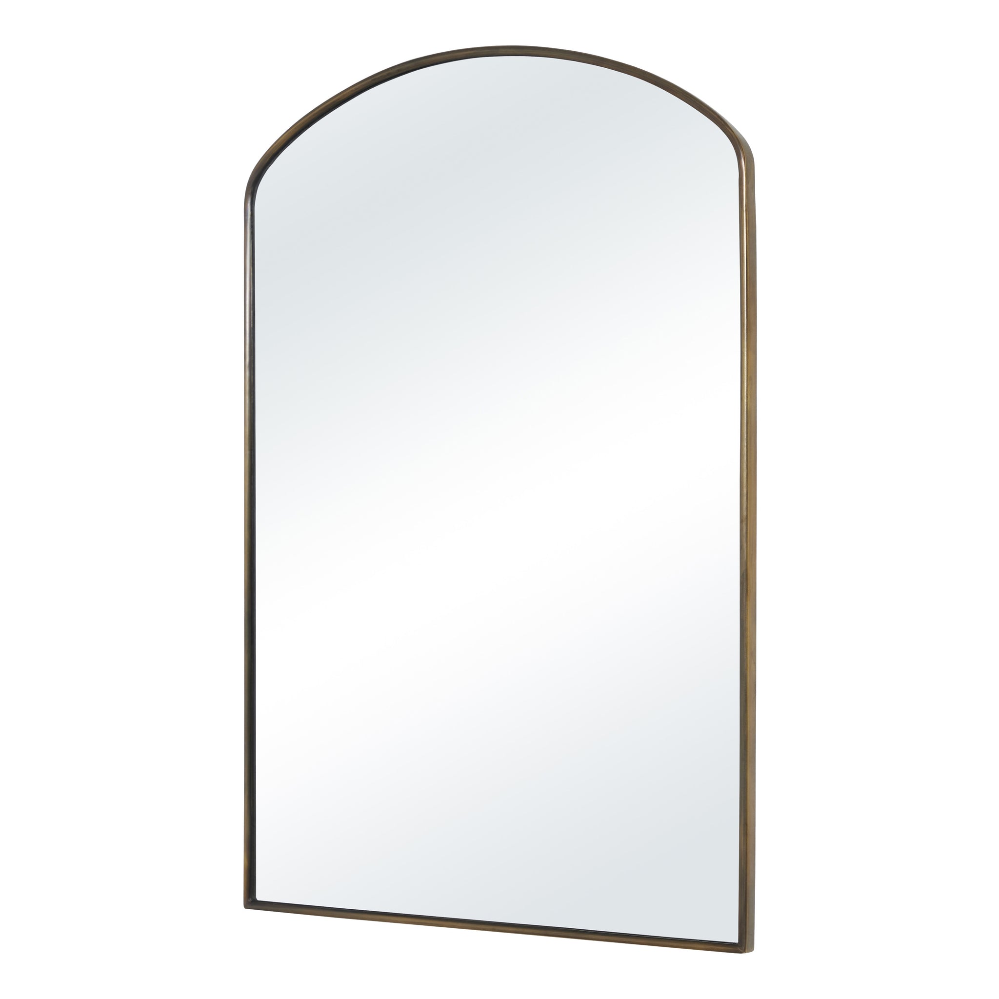 Clarisse mirror angled view showcasing an arched design and a bronze frame with a clear reflective surface.