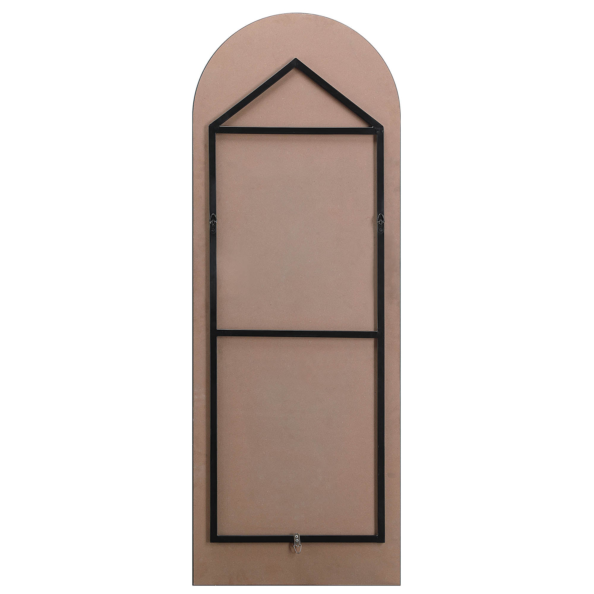 Back view of Mandra mirror by Renwil, showcasing a black frame and a pink backing with a house-shaped top.