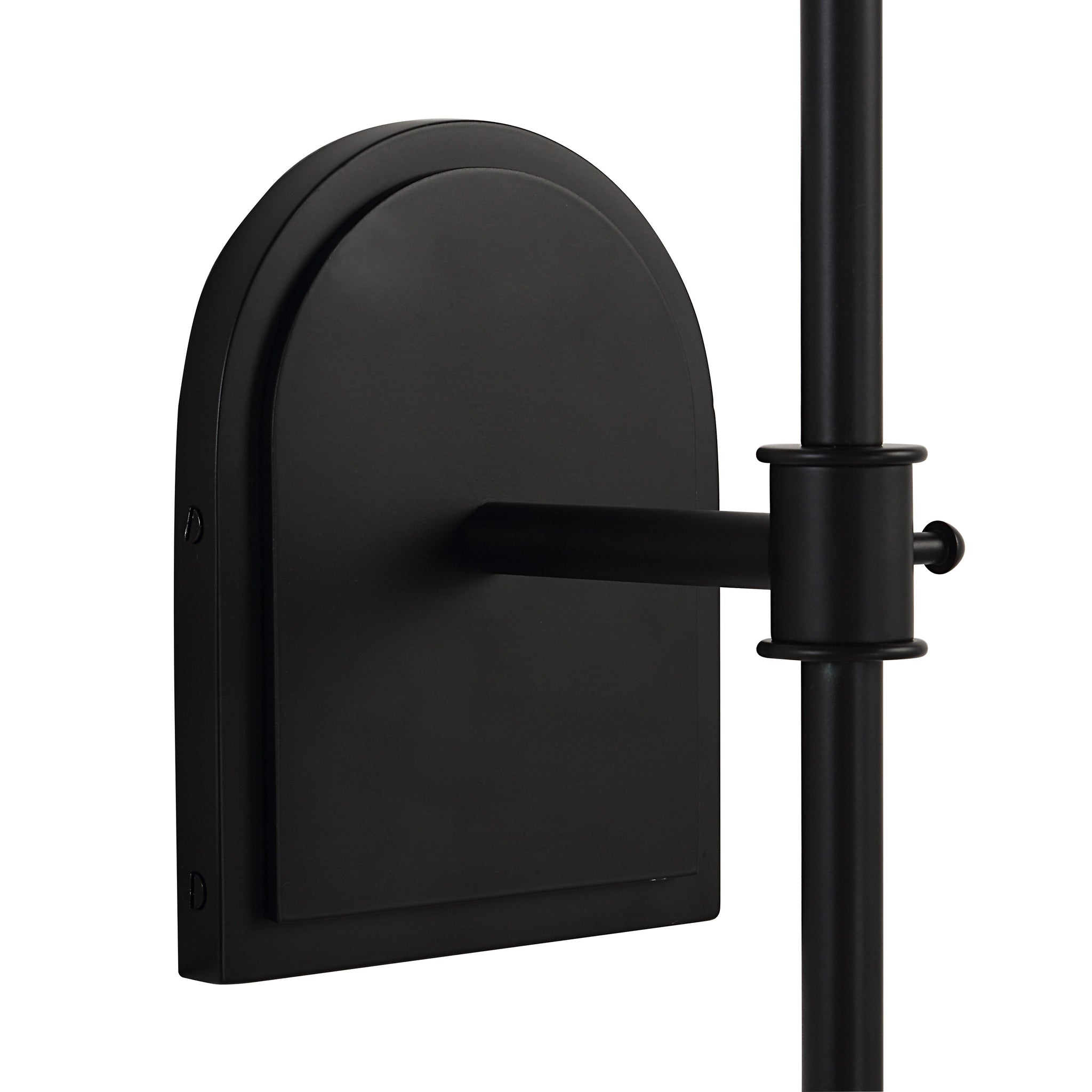 Close-up of Mililani wall sconce's black metal backplate and arm.