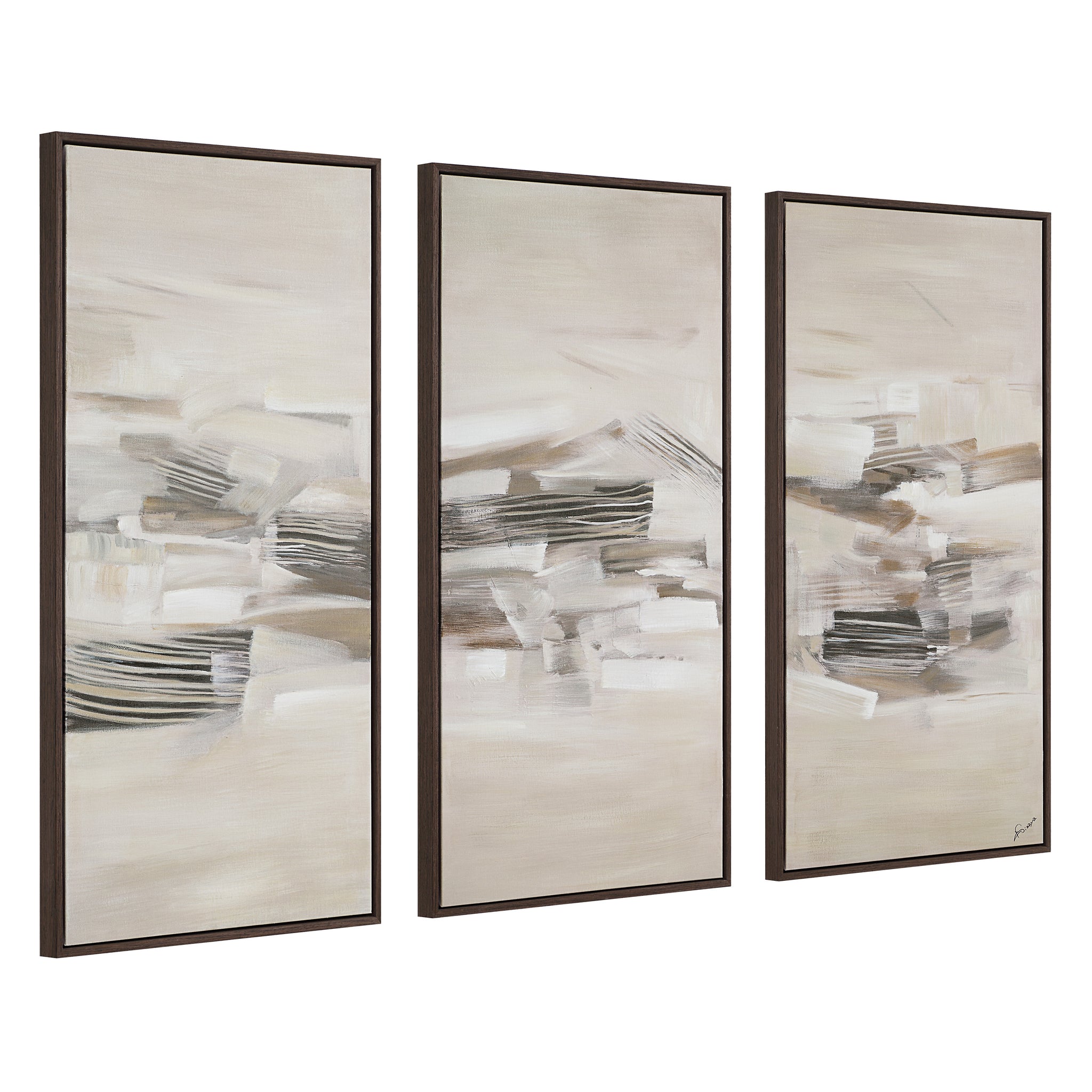 Lux canvas art with three panels showcasing abstract beige and gray brush strokes
